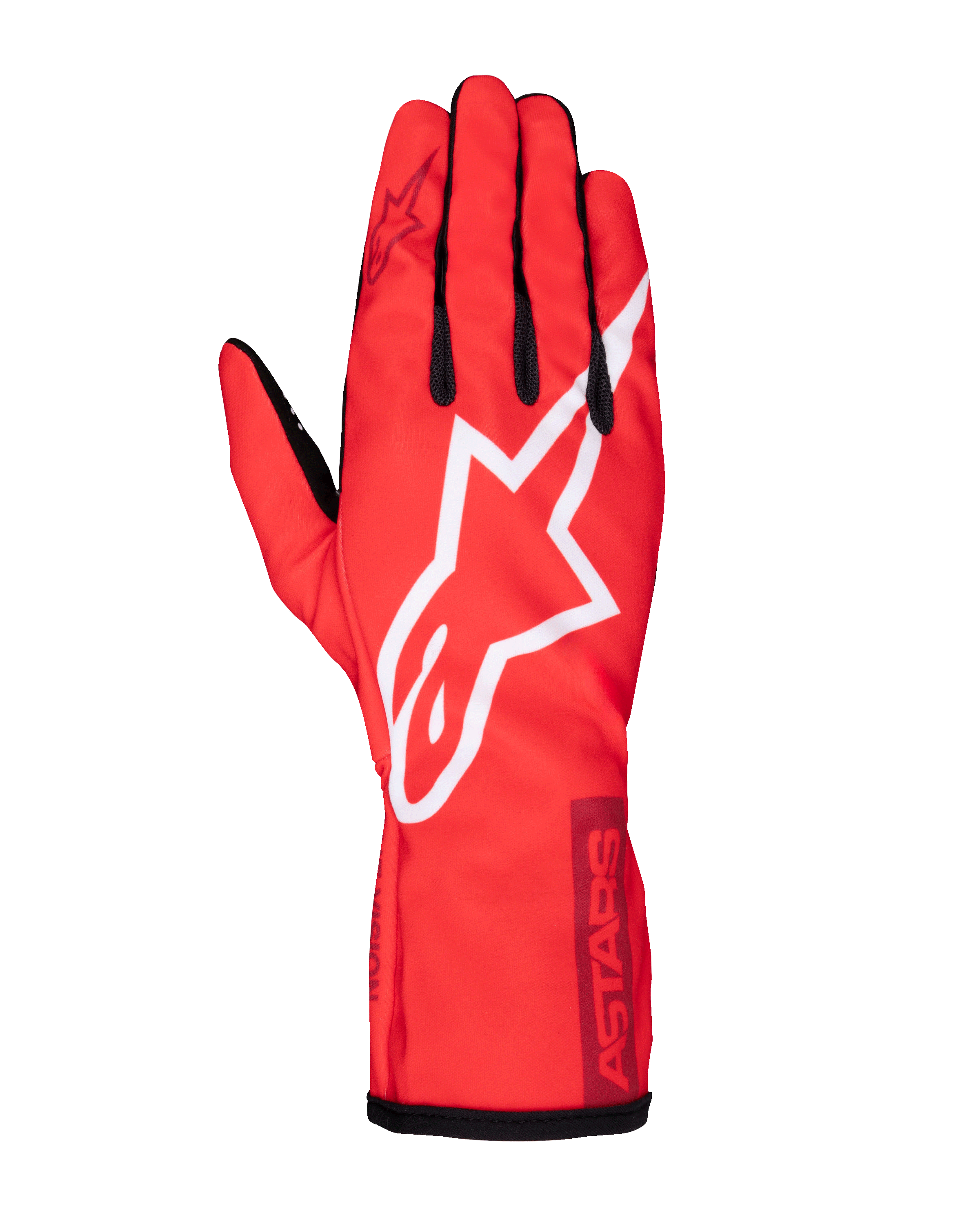 Guanti Alpinestars Tech-1 K Race V2 Pure, guanti da karting, rosso con accenti bianchi e bordeaux, con logo a stella bianco in evidenza, dettagli neri sulle dita e marchio ASTARS sul polsino, attrezzatura leggera e performante per piloti