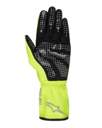 Guanti Alpinestars Youth Tech-1 K Race S V2 Pure, guanti da kart, giallo fluo e nero, vista del palmo con motivo a puntini in silicone per il grip, materiale scamosciato sintetico, polsino lungo giallo brillante con logo Alpinestars grigio e polso elasticizzato