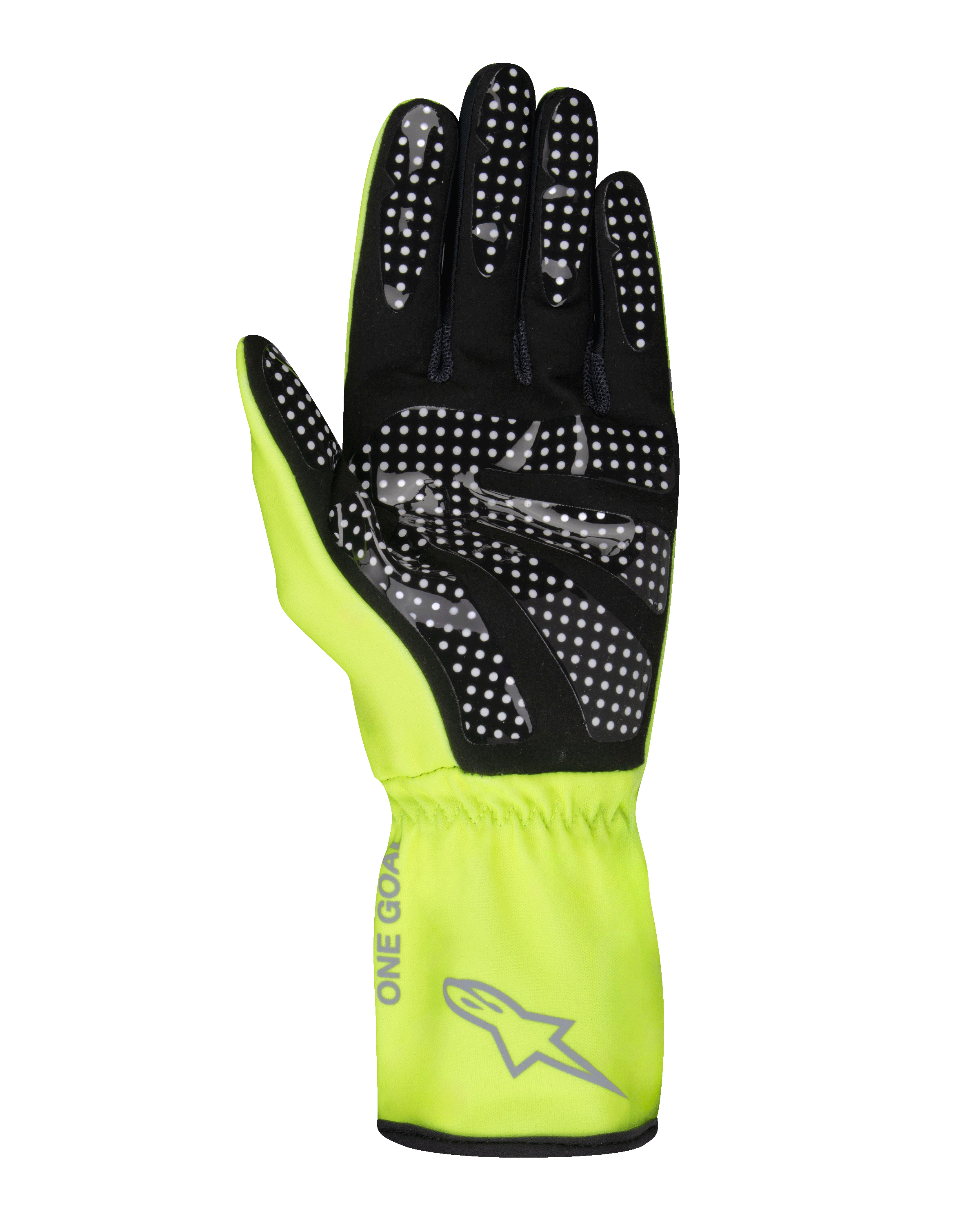Guanti Alpinestars Youth Tech-1 K Race S V2 Pure, guanti da kart, giallo fluo e nero, vista del palmo con motivo a puntini in silicone per il grip, materiale scamosciato sintetico, polsino lungo giallo brillante con logo Alpinestars grigio e polso elasticizzato