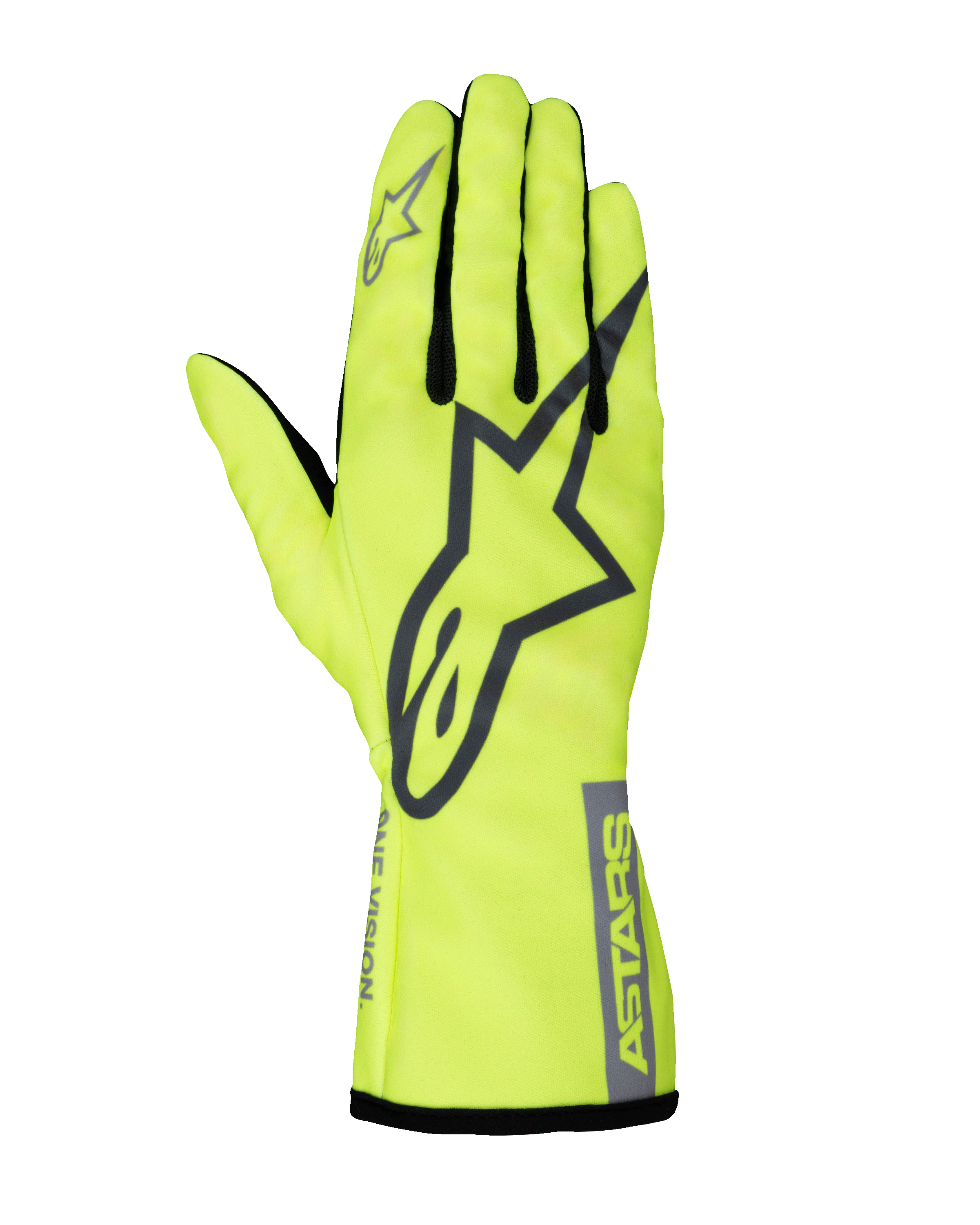 Alpinestars Youth Tech-1 K Race S V2 Pure Gloves, guanti da karting per ragazzi, giallo fluorescente e grigio, caratterizzati da un grande logo A-star sul dorso della mano, marchio ASTARS sul polsino e inserti in mesh tra le dita
