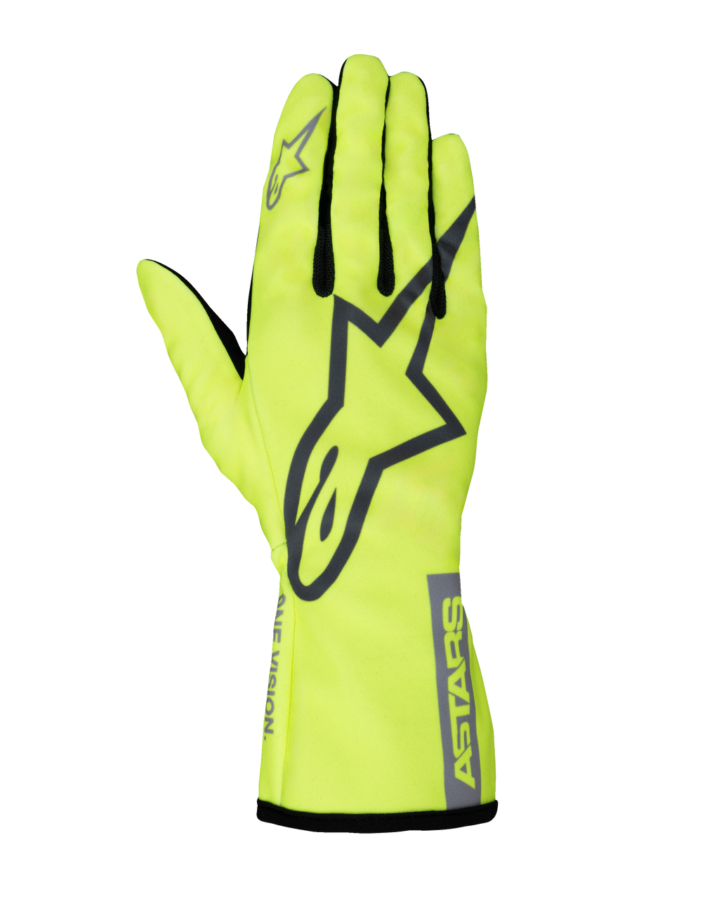 Alpinestars Tech-1 K Race V2 Pure Gloves, guanti da karting, giallo fluorescente e grigio, grande logo a stella sul dorso, inserti neri tra le dita, abbigliamento motorsport leggero ad alta visibilità