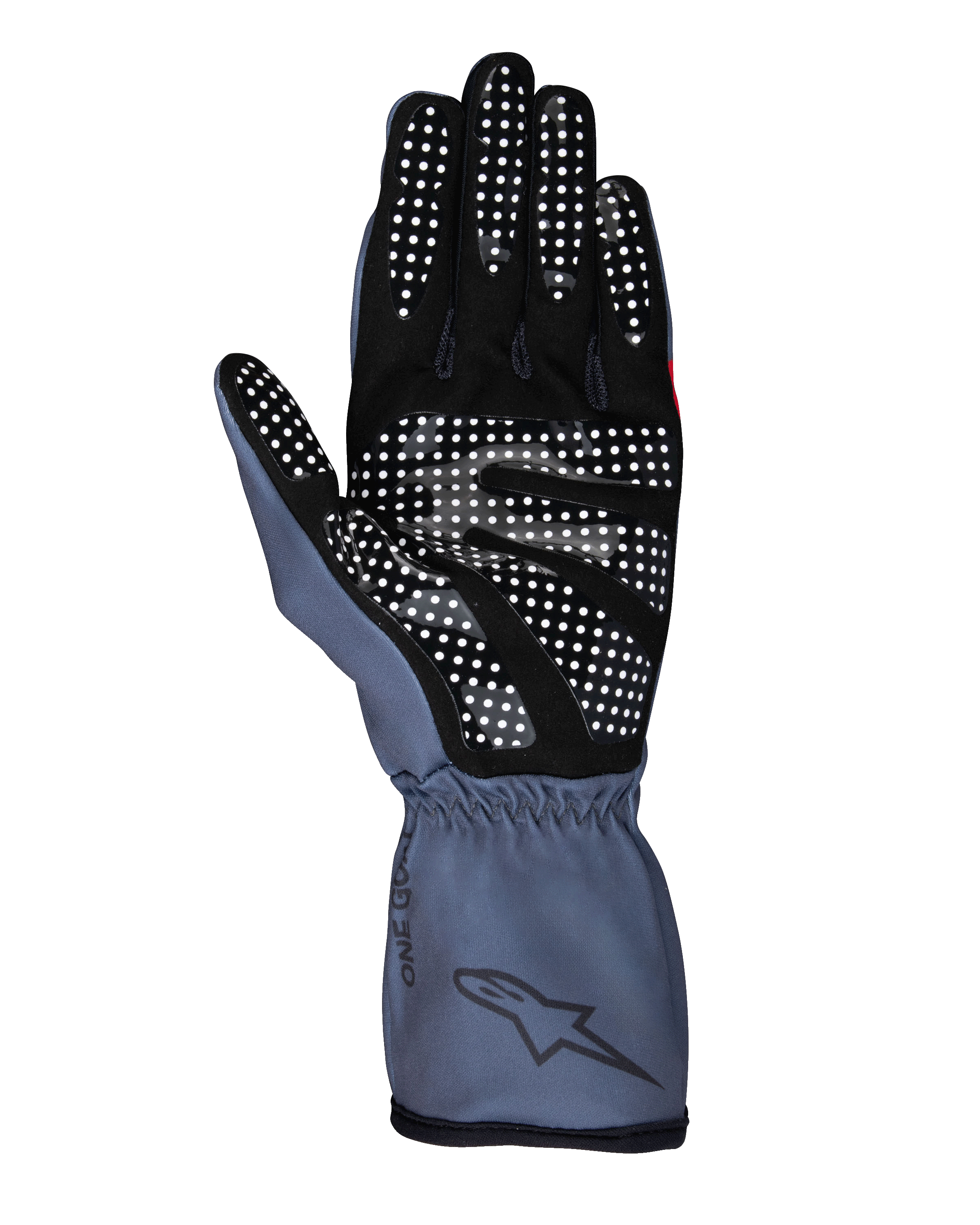 Guanti Alpinestars Tech-1 K Race V2 Pure, guanti da karting, colore asfalto e nero, vista del lato palmo con motivo grip in silicone bianco, design ergonomico con polsino lungo e logo Alpinestars