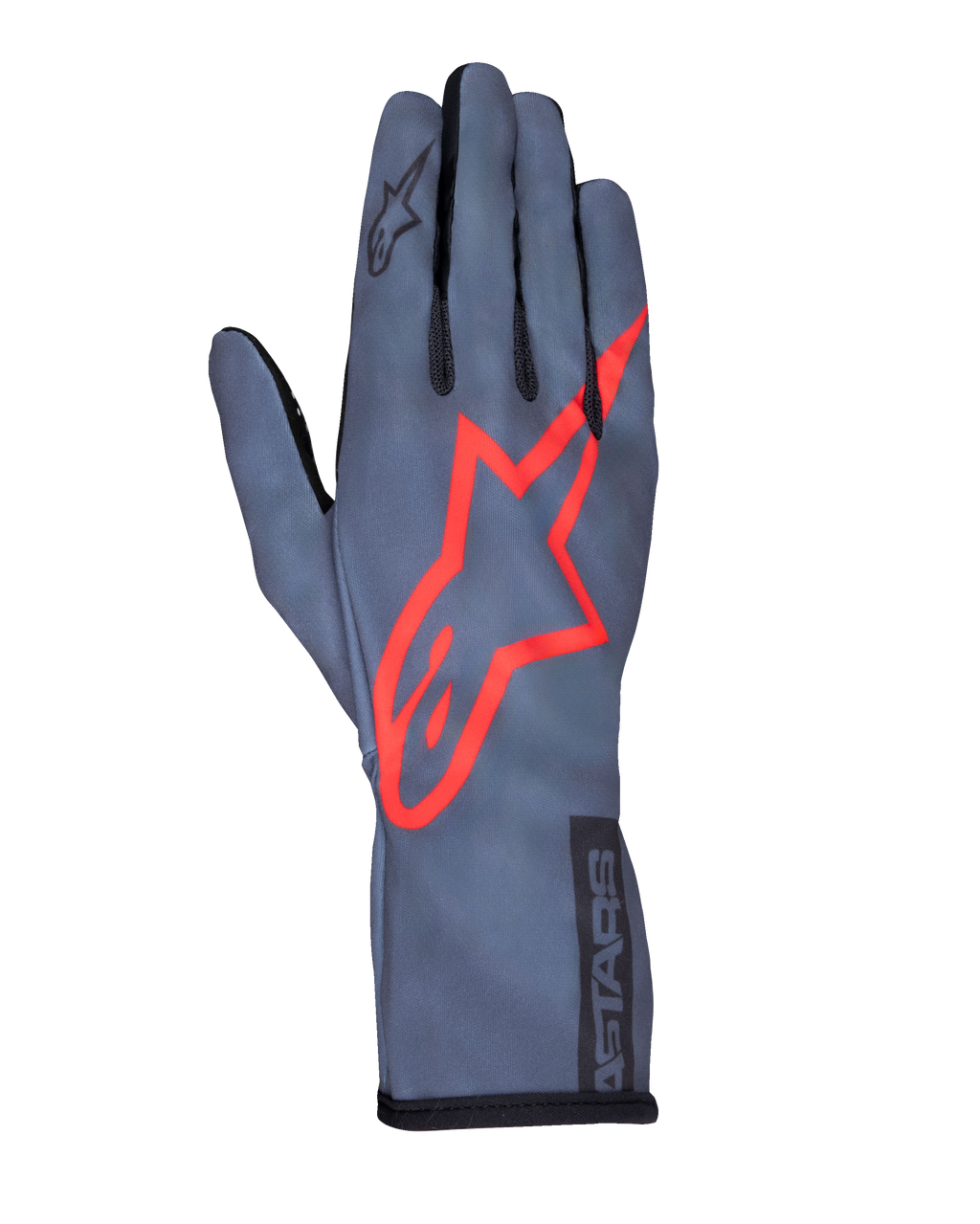 Alpinestars Tech-1 K Race V2 Pure, guanti da karting, grigio asfalto e rosso, con un grande logo a stella rosso sul dorso, struttura leggera in mesh, polsino a guanto, design aerodinamico per il karting