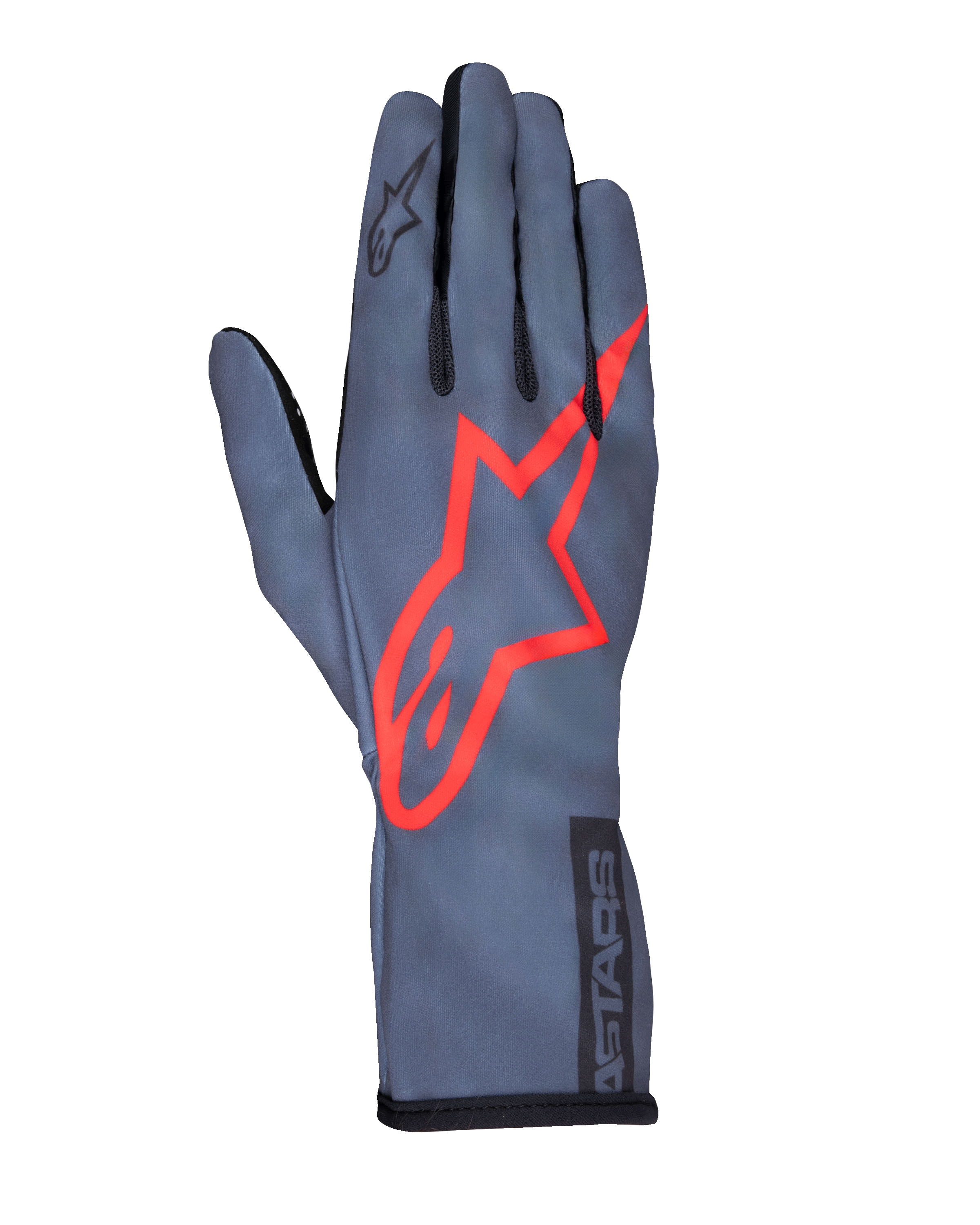 Alpinestars Tech-1 K Race V2 Pure, guanti da karting, grigio asfalto e rosso, con un grande logo a stella rosso sul dorso, struttura leggera in mesh, polsino a guanto, design aerodinamico per il karting