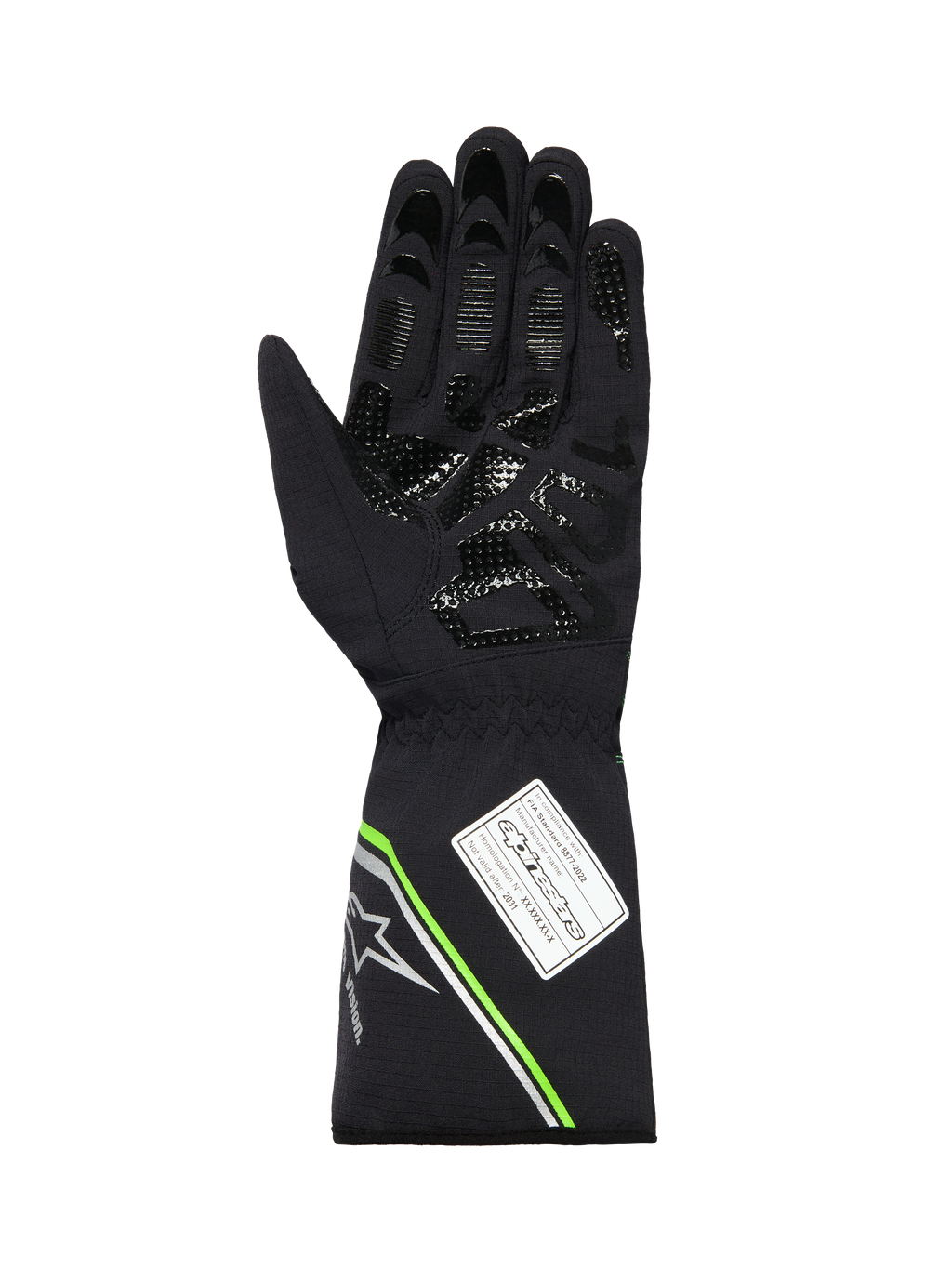 Alpinestars Tempest V3 Waterproof Gloves, vista del palmo di un guanto da kart nero, con motivo grip in silicone stampato, accenti verde fluo e argento sul polsino e etichetta di omologazione FIA 8877-2022