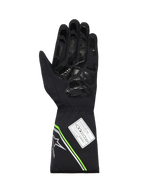 Alpinestars Tempest V3 Waterproof Gloves, vista del palmo di un guanto da kart nero, con motivo grip in silicone stampato, accenti verde fluo e argento sul polsino e etichetta di omologazione FIA 8877-2022