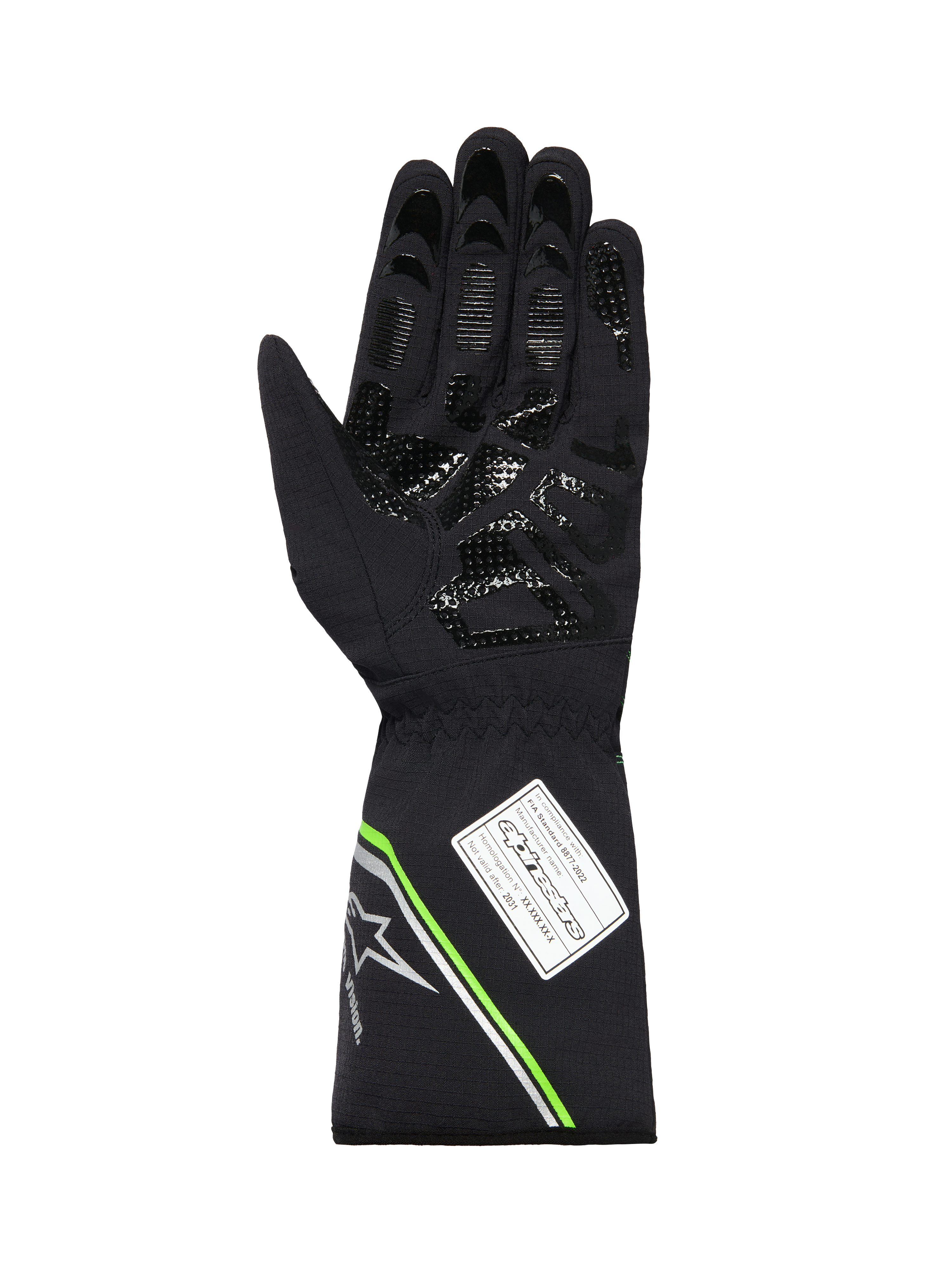 Alpinestars Tempest V3 Waterproof Gloves, vista del palmo di un guanto da kart nero, con motivo grip in silicone stampato, accenti verde fluo e argento sul polsino e etichetta di omologazione FIA 8877-2022
