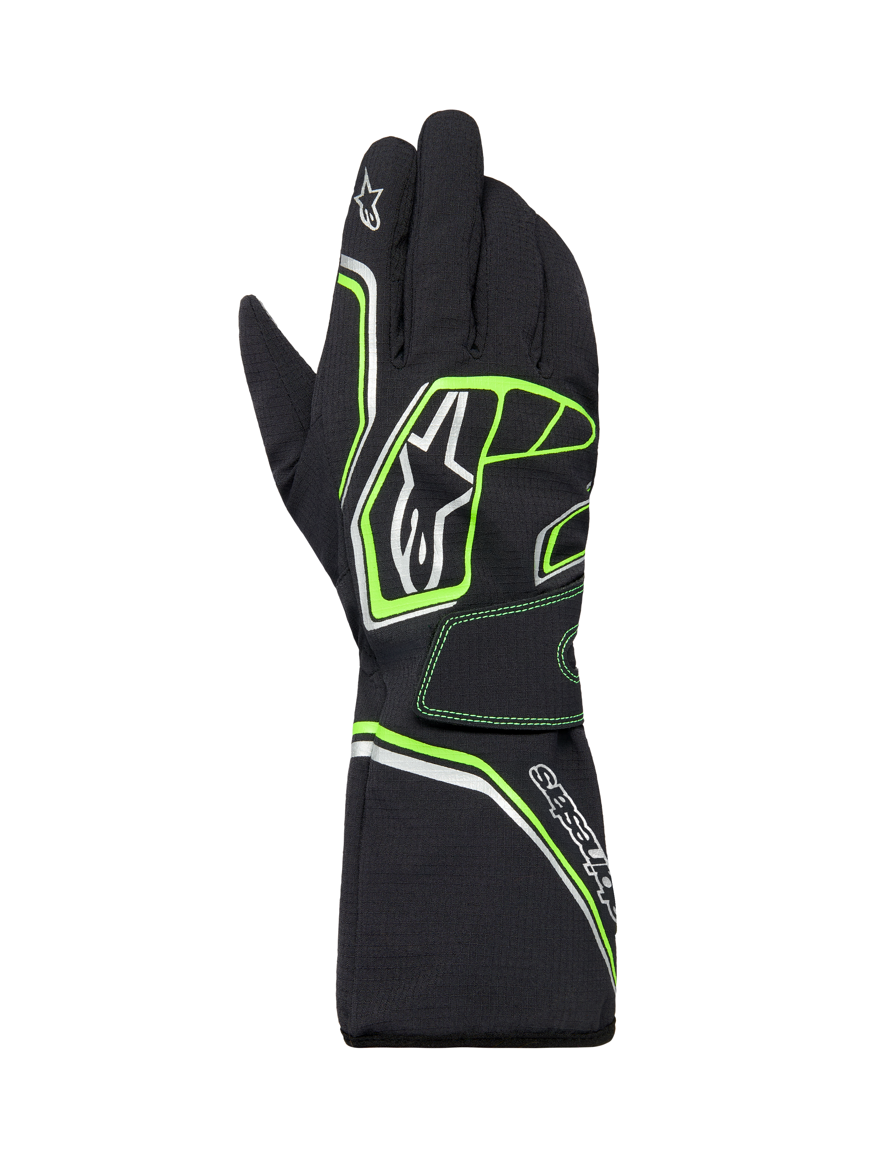 Alpinestars Tempest V3 Waterproof Gloves, guanti da karting, nero con accenti verde fluo e argento, design con polsino lungo, con logo Alpinestars, robusta costruzione in tessuto per gare in condizioni di bagnato