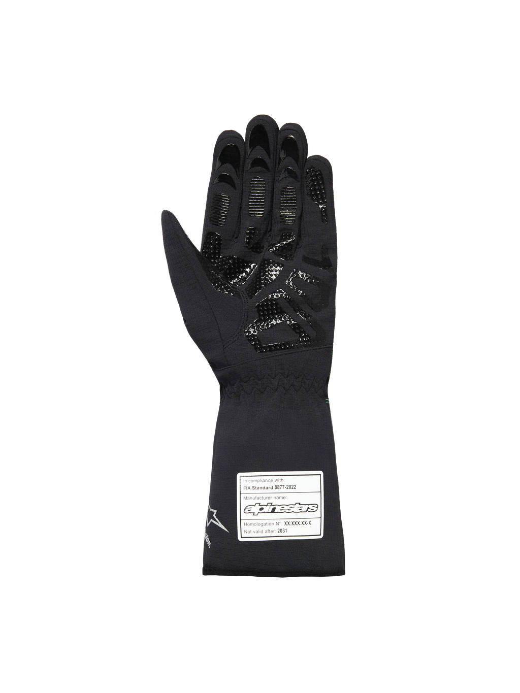 Alpinestars Youth Tempest V3 Waterproof S Gloves, guanti da karting neri, vista del palmo con motivo grip in silicone testurizzato su dita e palmo, polsino lungo con etichetta di certificazione FIA 8877-2022 bianca, design in tessuto impermeabile.