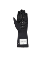 Alpinestars Youth Tempest V3 Waterproof S Gloves, guanti da karting neri, vista del palmo con motivo grip in silicone testurizzato su dita e palmo, polsino lungo con etichetta di certificazione FIA 8877-2022 bianca, design in tessuto impermeabile.