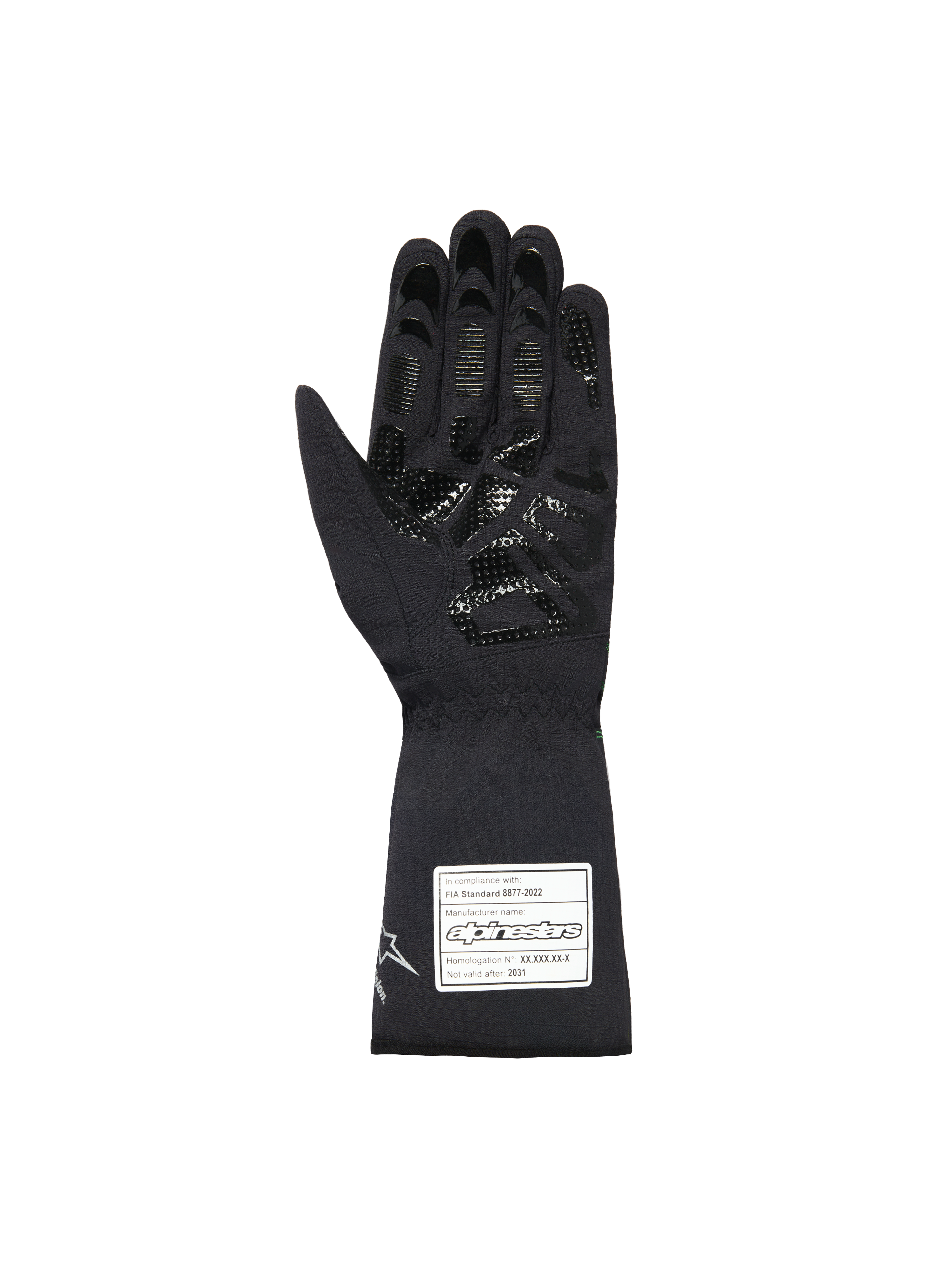 Alpinestars Youth Tempest V3 Waterproof S Gloves, guanti da karting neri, vista del palmo con motivo grip in silicone testurizzato su dita e palmo, polsino lungo con etichetta di certificazione FIA 8877-2022 bianca, design in tessuto impermeabile.
