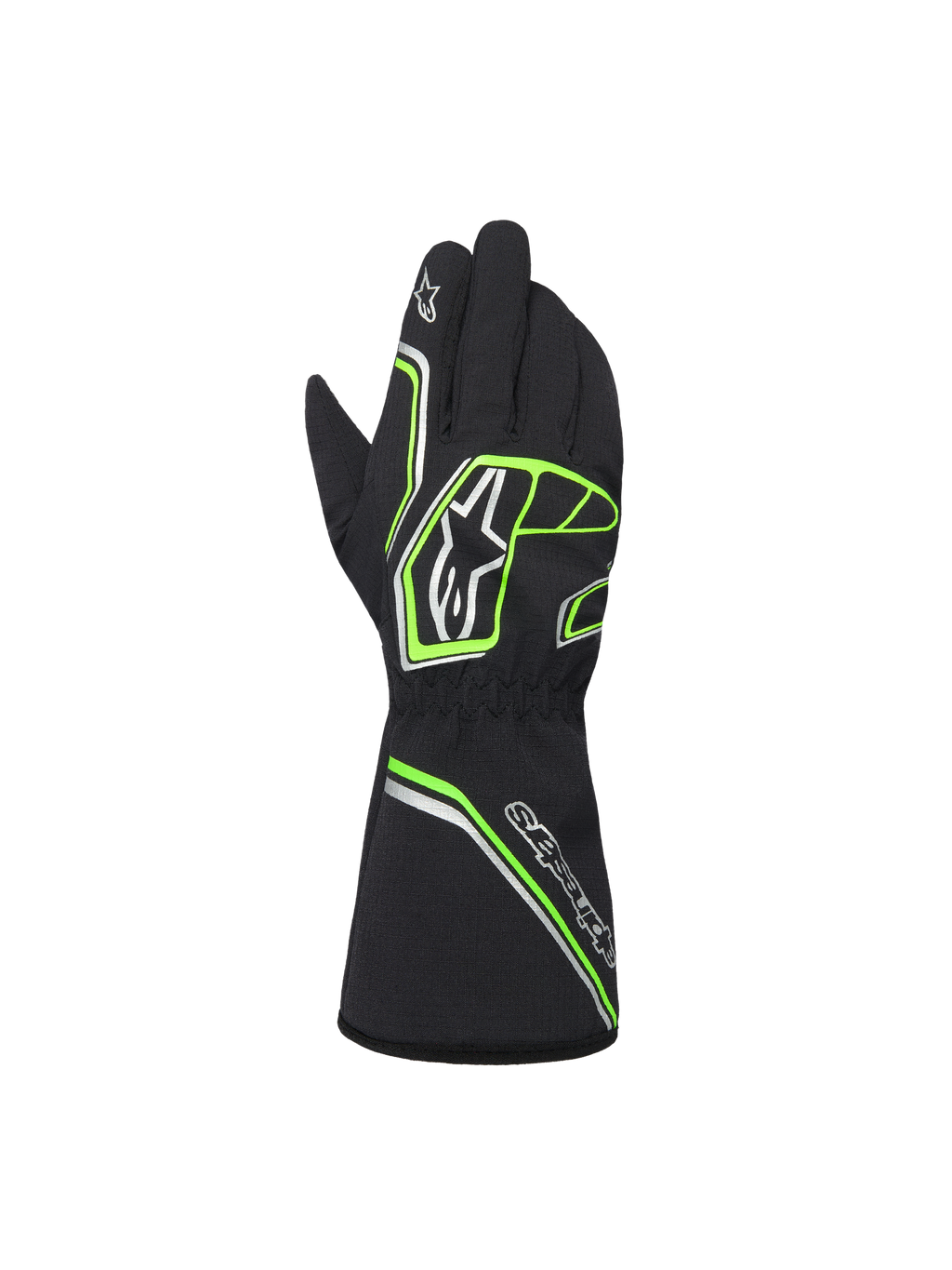 Alpinestars Youth Tempest V3 Waterproof S Gloves, nero con accenti verde neon e argento, vista posteriore che mostra il design a guanto lungo, motivi geometrici fluo e loghi Astar, guanti da kart impermeabili per giovani piloti