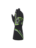 Alpinestars Youth Tempest V3 Waterproof S Gloves, nero con accenti verde neon e argento, vista posteriore che mostra il design a guanto lungo, motivi geometrici fluo e loghi Astar, guanti da kart impermeabili per giovani piloti