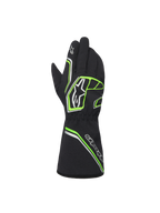 Alpinestars Youth Tempest V3 Waterproof S Gloves, nero con accenti verde neon e argento, vista posteriore che mostra il design a guanto lungo, motivi geometrici fluo e loghi Astar, guanti da kart impermeabili per giovani piloti