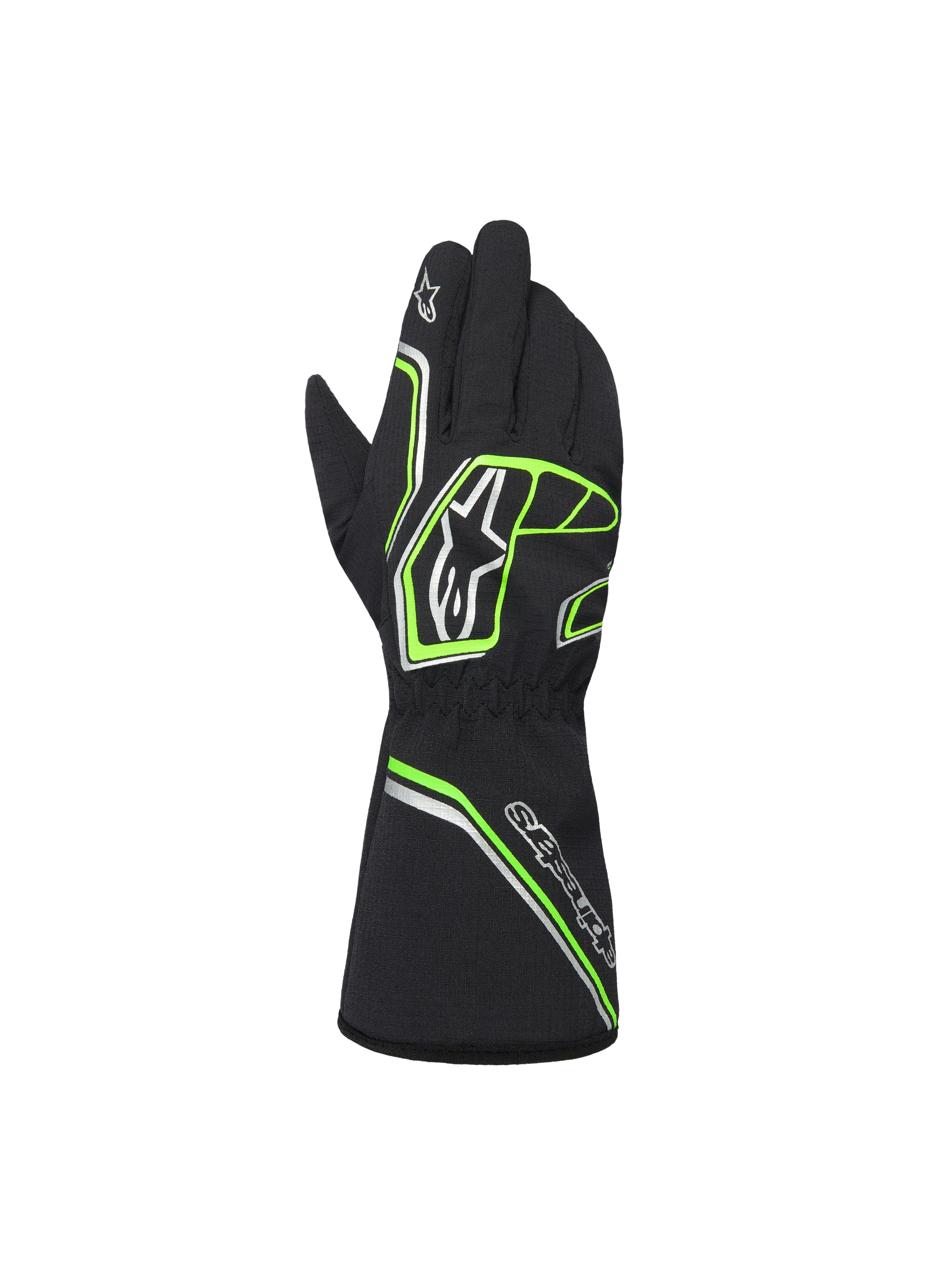 Alpinestars Youth Tempest V3 Waterproof S Gloves, nero con accenti verde neon e argento, vista posteriore che mostra il design a guanto lungo, motivi geometrici fluo e loghi Astar, guanti da kart impermeabili per giovani piloti
