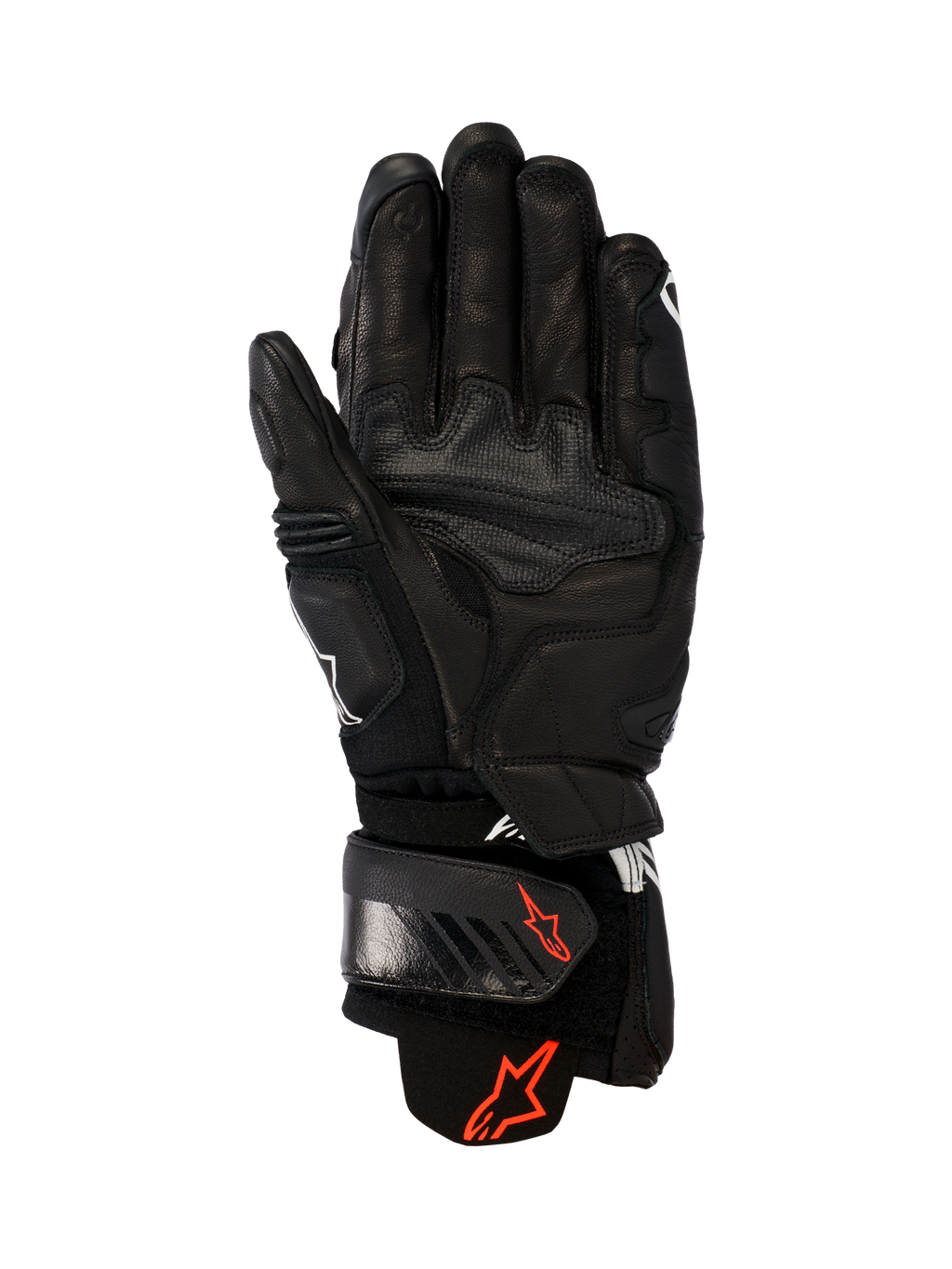 Guanti in pelle Alpinestars GP Plus R V3, nero, vista del palmo che mostra la costruzione in pelle resistente, loghi Astars rossi sul cinturino e sul polsino, pannelli di presa rinforzati e chiusura regolabile per prestazioni racing e sportive.
