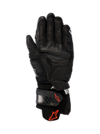 Guanti in pelle Alpinestars GP Plus R V3, nero, vista del palmo che mostra la costruzione in pelle resistente, loghi Astars rossi sul cinturino e sul polsino, pannelli di presa rinforzati e chiusura regolabile per prestazioni racing e sportive.