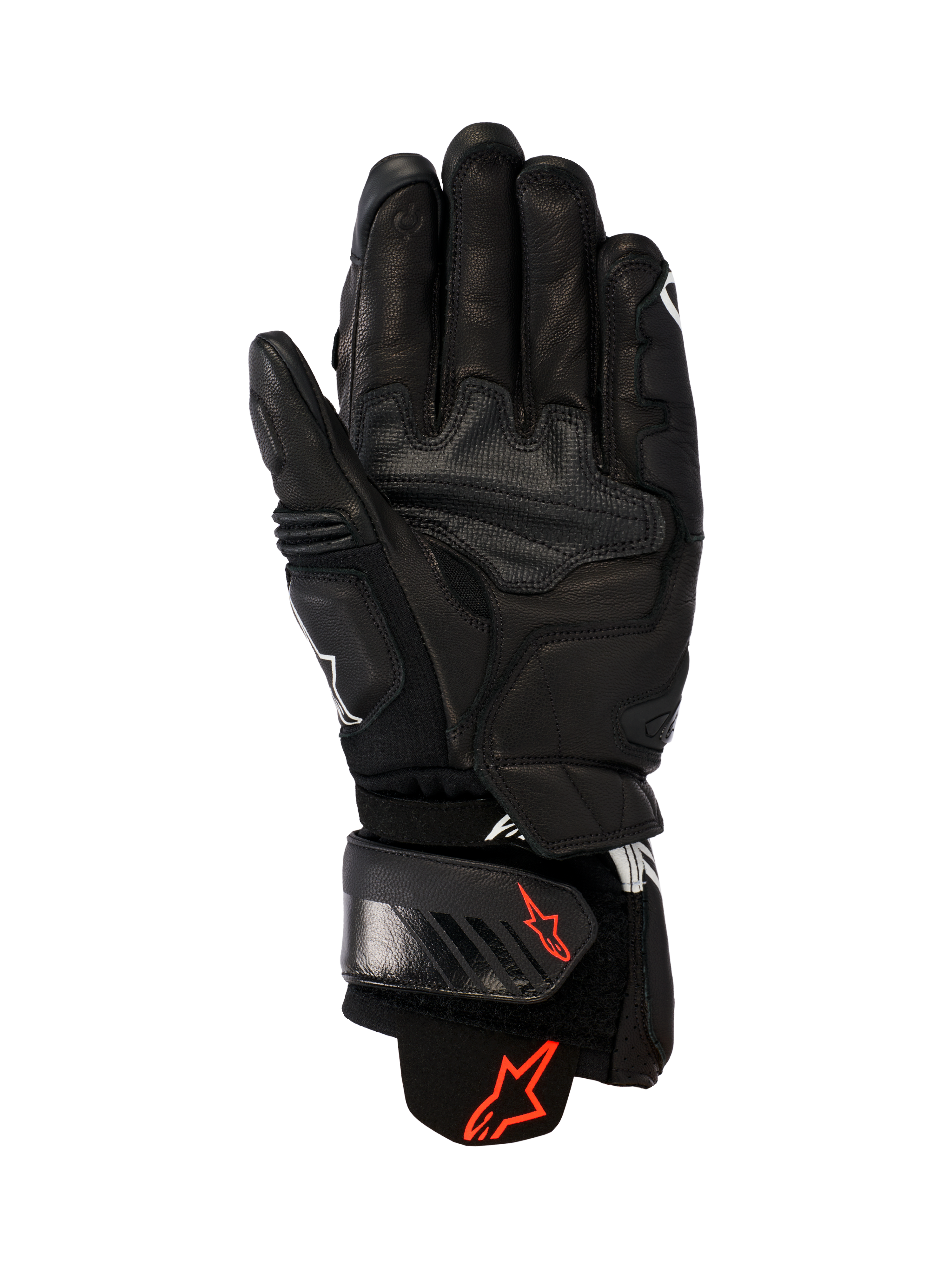Guanti in pelle Alpinestars GP Plus R V3, nero, vista del palmo che mostra la costruzione in pelle resistente, loghi Astars rossi sul cinturino e sul polsino, pannelli di presa rinforzati e chiusura regolabile per prestazioni racing e sportive.