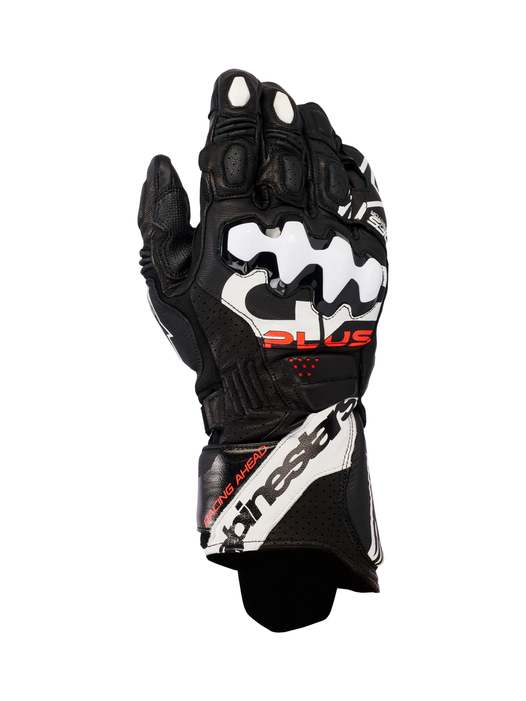 Alpinestars GP Plus R V3 Leather Gloves, guanti da moto racing, nero con dettagli bianchi e rossi, protezioni nocche DFS bianche, pelle traforata per la traspirabilità e marchio Alpinestars sul polsino