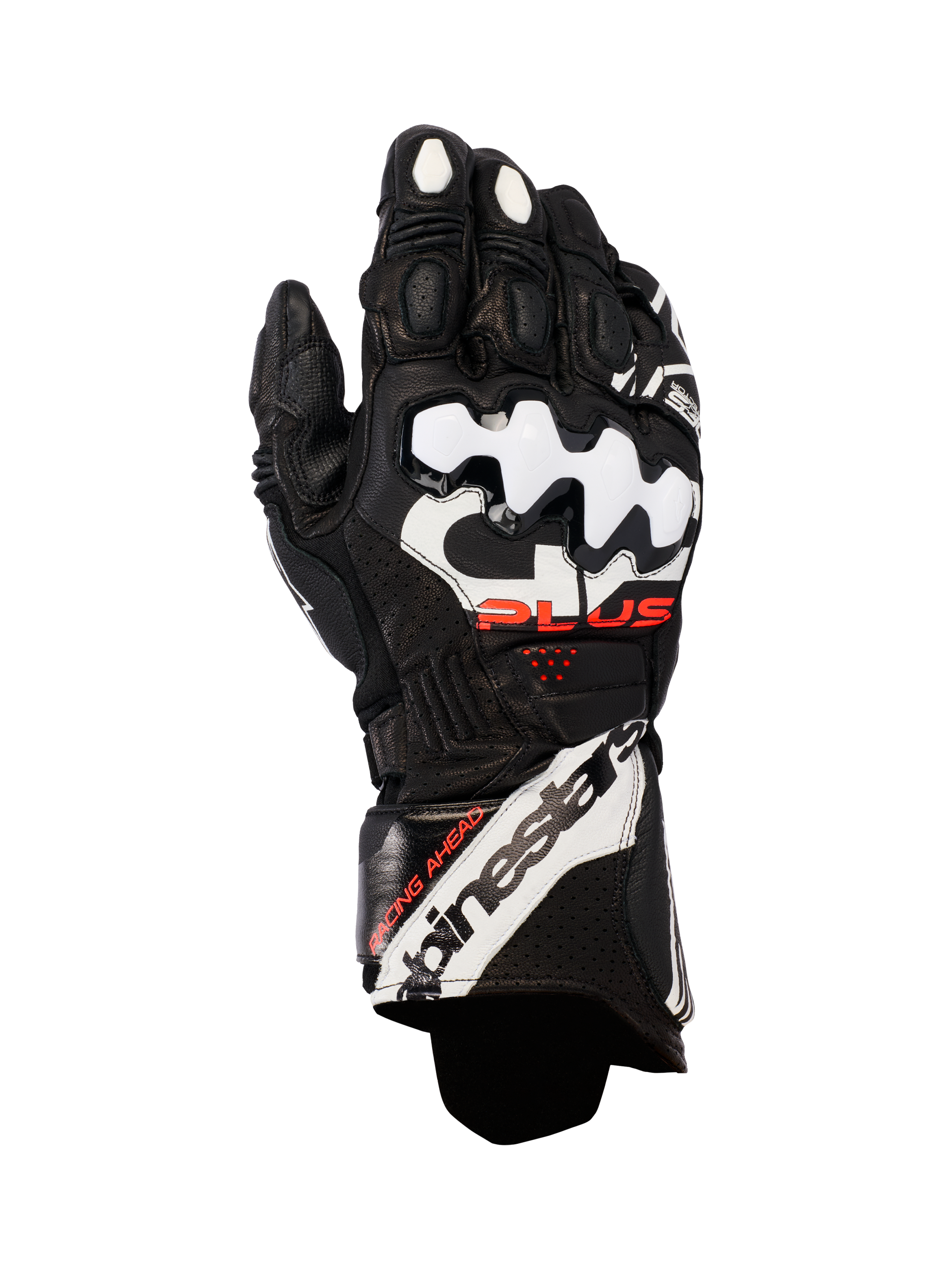 Alpinestars GP Plus R V3 Leather Gloves, guanti da moto racing, nero con dettagli bianchi e rossi, protezioni nocche DFS bianche, pelle traforata per la traspirabilità e marchio Alpinestars sul polsino