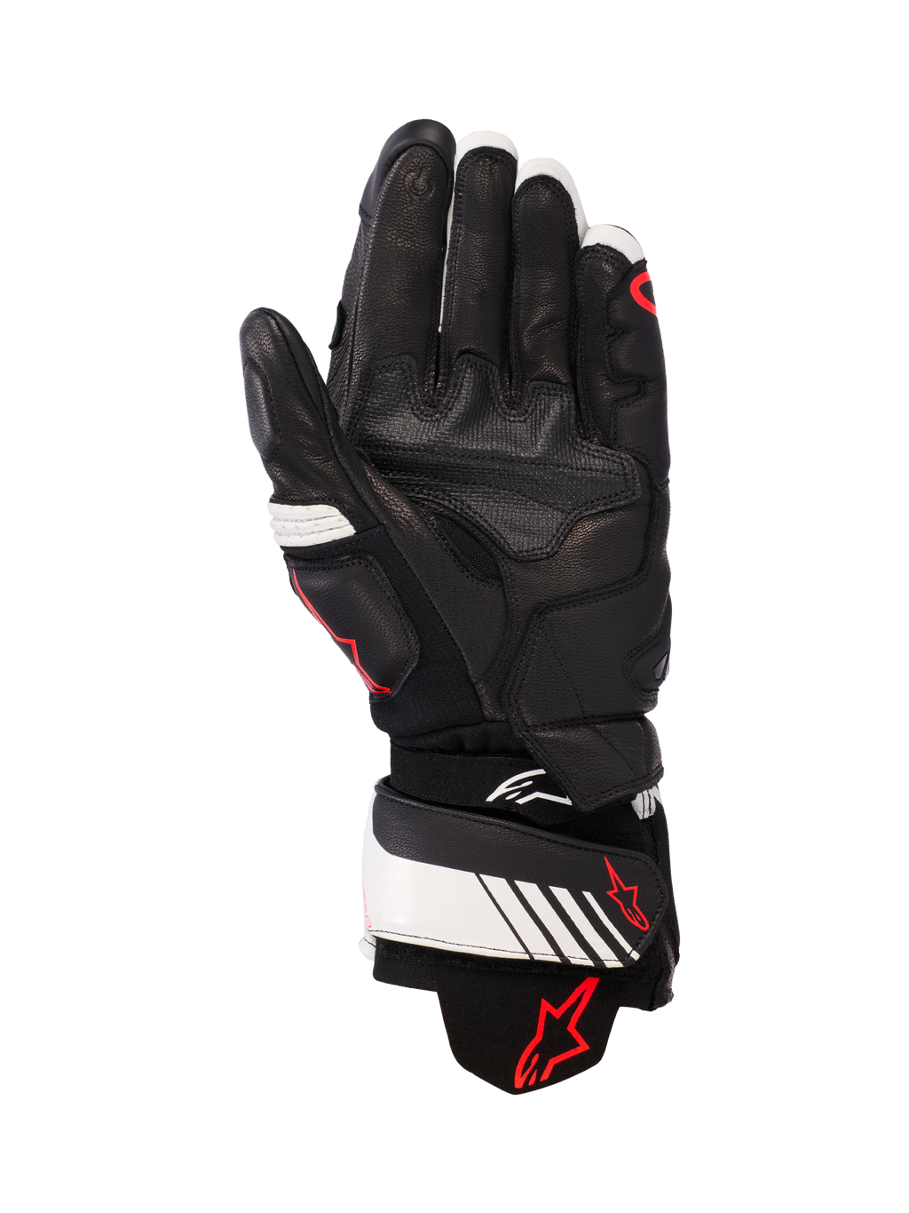 Guanti in pelle Alpinestars GP Plus R v3, nero, bianco e rosso fluo, vista del palmo che mostra la struttura interamente in pelle con imbottitura rinforzata, cinturino bianco sul polso con logo Alpinestars rosso, equipaggiamento protettivo di ispirazione racing per motociclisti