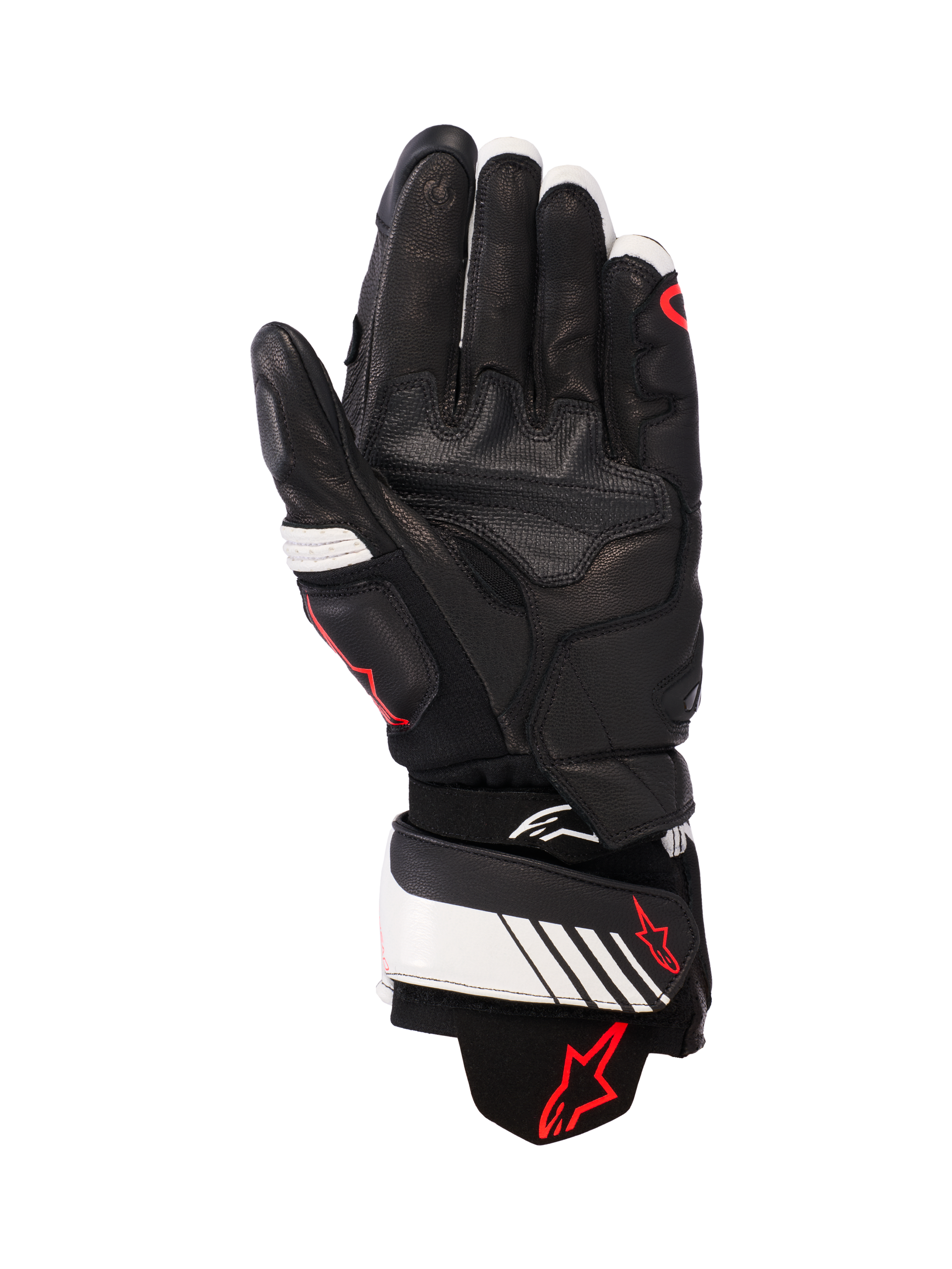 Guanti in pelle Alpinestars GP Plus R v3, nero, bianco e rosso fluo, vista del palmo che mostra la struttura interamente in pelle con imbottitura rinforzata, cinturino bianco sul polso con logo Alpinestars rosso, equipaggiamento protettivo di ispirazione racing per motociclisti