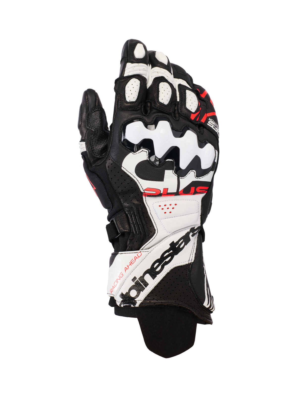 Alpinestars GP Plus R V3 Leather Gloves, guanti da moto racing, nero, bianco e rosso fluo, con protezione nocche in TPU rigido, pannelli traforati per la ventilazione e logo evidente sul polsino esteso