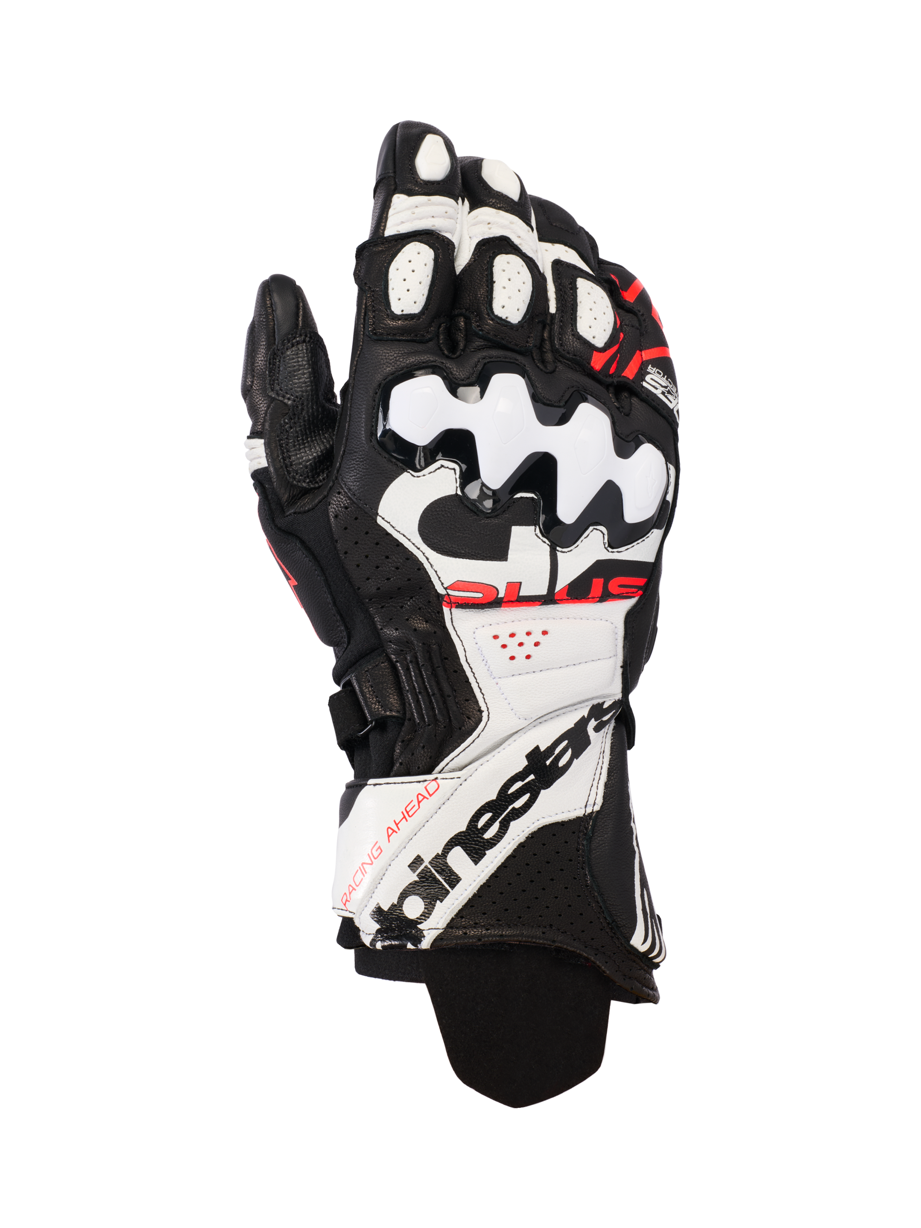Alpinestars GP Plus R V3 Leather Gloves, guanti da moto racing, nero, bianco e rosso fluo, con protezione nocche in TPU rigido, pannelli traforati per la ventilazione e logo evidente sul polsino esteso
