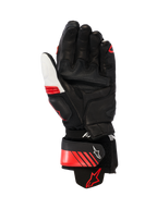 Guanti in pelle Alpinestars GP Plus R V3, guanti da moto racing/sportivi, nero, bianco e rosso brillante, vista del palmo che mostra la costruzione in pelle rinforzata, slider sul palmo e polsino elasticizzato in aramide, dotati di cinturino di sicurezza sul polso con logo Alpinestars e design ergonomico pre-curvato