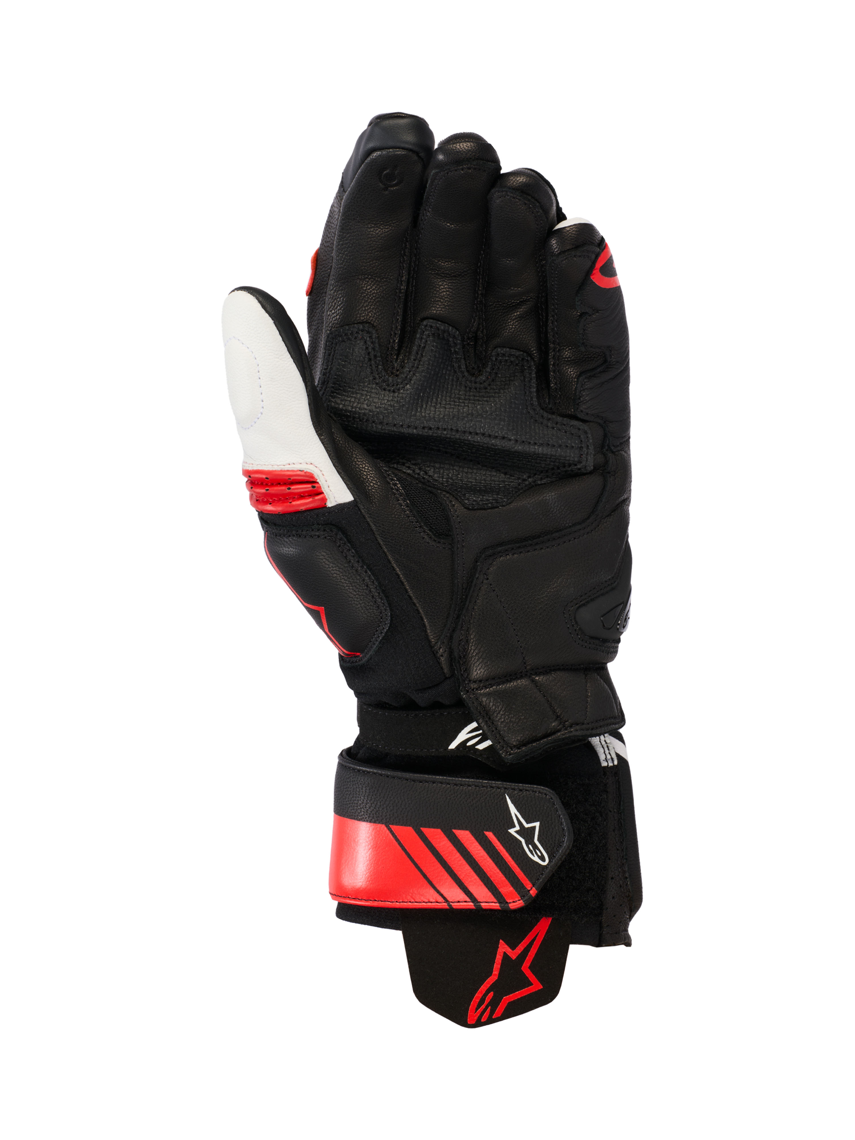 Guanti in pelle Alpinestars GP Plus R V3, guanti da moto racing/sportivi, nero, bianco e rosso brillante, vista del palmo che mostra la costruzione in pelle rinforzata, slider sul palmo e polsino elasticizzato in aramide, dotati di cinturino di sicurezza sul polso con logo Alpinestars e design ergonomico pre-curvato
