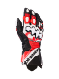 Alpinestars GP Plus R V3 Leather Gloves, guanti da moto racing, nero, bianco e rosso acceso, ampia protezione nocche bianca con motivi a onde neri, pannelli in pelle traforata per la ventilazione, marchio Alpinestars sul polsino