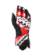 Alpinestars GP Plus R V3 Leather Gloves, guanti da moto racing, nero, bianco e rosso acceso, ampia protezione nocche bianca con motivi a onde neri, pannelli in pelle traforata per la ventilazione, marchio Alpinestars sul polsino