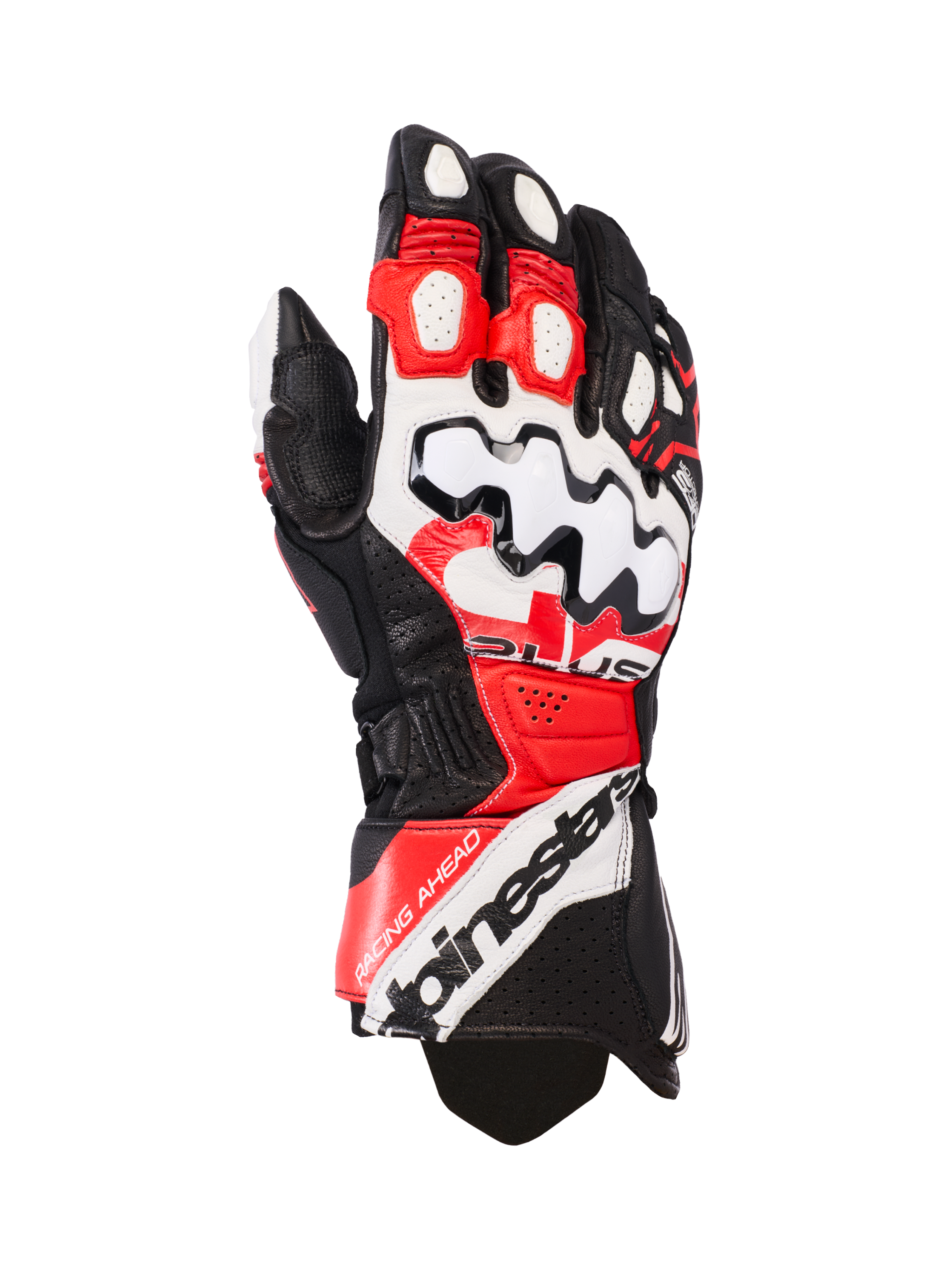 Alpinestars GP Plus R V3 Leather Gloves, guanti da moto racing, nero, bianco e rosso acceso, ampia protezione nocche bianca con motivi a onde neri, pannelli in pelle traforata per la ventilazione, marchio Alpinestars sul polsino
