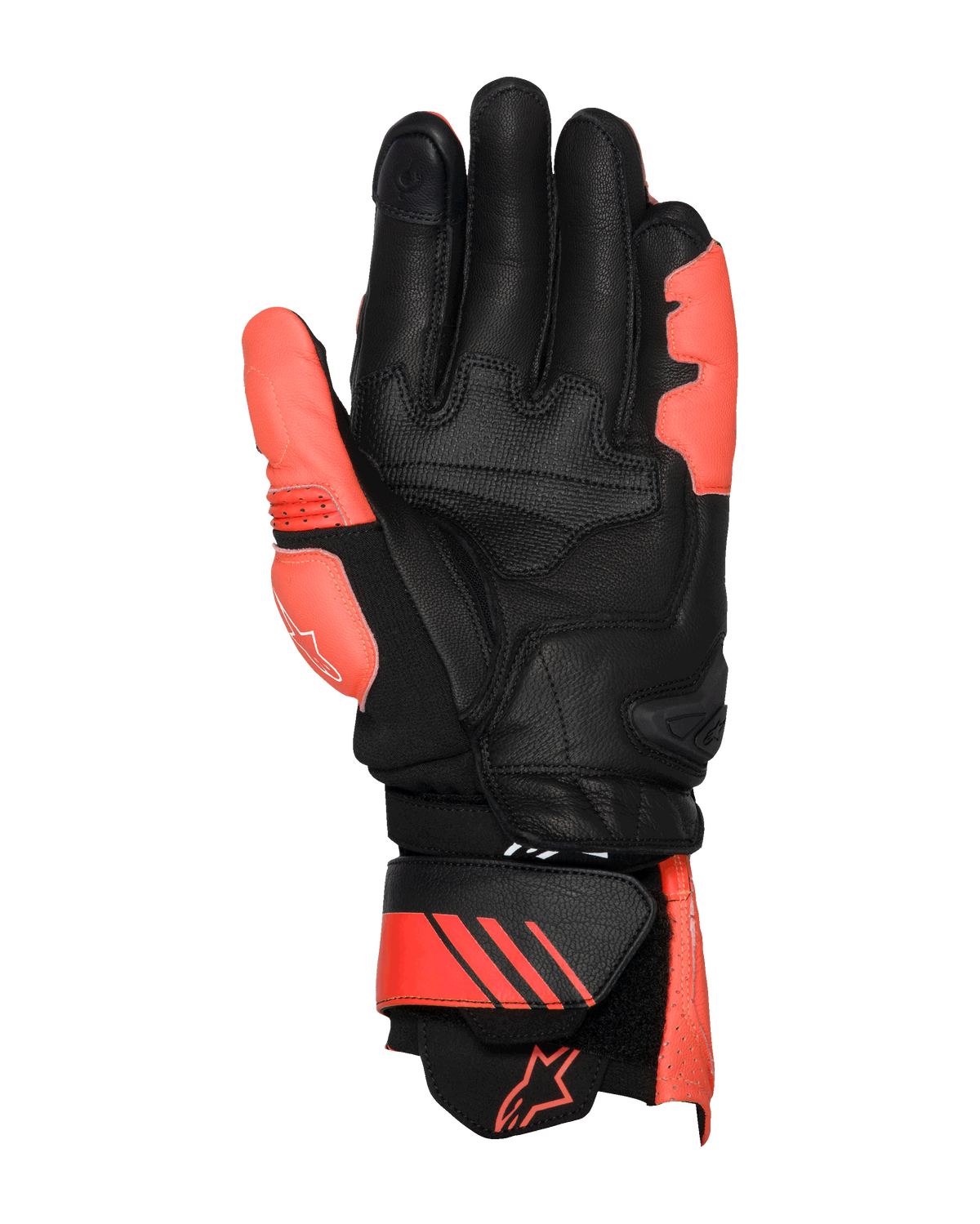 Guanti in pelle Alpinestars GP Plus R V3, Bright Red, Rosso Fluo e Nero, vista lato palmo, con zone rinforzate in pelle su palmo e pollice, polsino lungo regolabile con accenti rossi e logo, design racing professionale