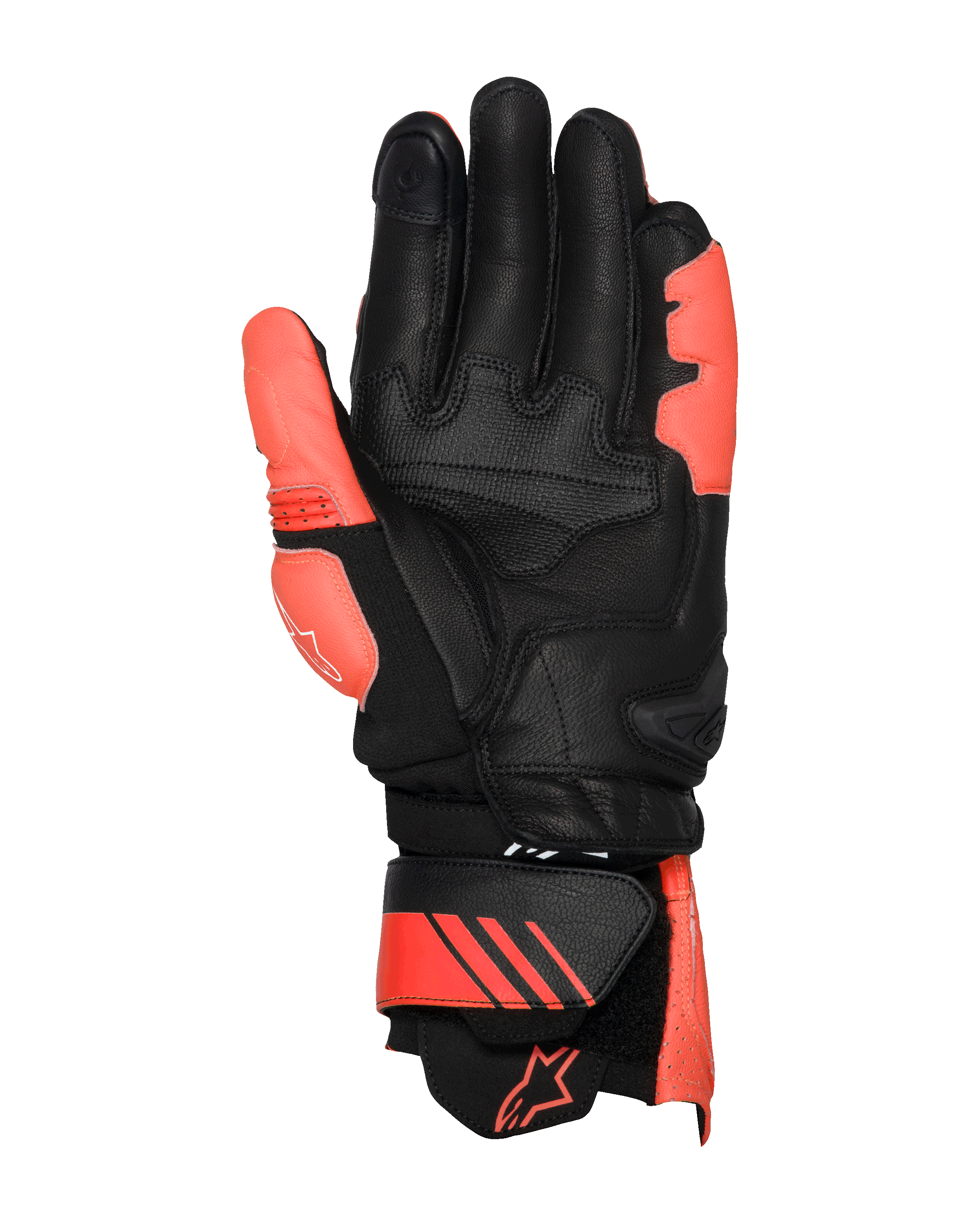 Guanti in pelle Alpinestars GP Plus R V3, Bright Red, Rosso Fluo e Nero, vista lato palmo, con zone rinforzate in pelle su palmo e pollice, polsino lungo regolabile con accenti rossi e logo, design racing professionale