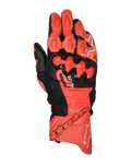 Alpinestars GP Plus R V3 Leather Gloves, guanti racing da moto, rosso brillante, rosso fluo e nero, vista dall'alto che mostra la costruzione in pelle premium con protezioni nocche in TPU a doppia densità, sezioni di ventilazione traforate, slider sulle dita e logo Alpinestars evidente sul polsino.