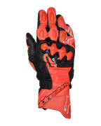 Alpinestars GP Plus R V3 Leather Gloves, guanti racing da moto, rosso brillante, rosso fluo e nero, vista dall'alto che mostra la costruzione in pelle premium con protezioni nocche in TPU a doppia densità, sezioni di ventilazione traforate, slider sulle dita e logo Alpinestars evidente sul polsino.