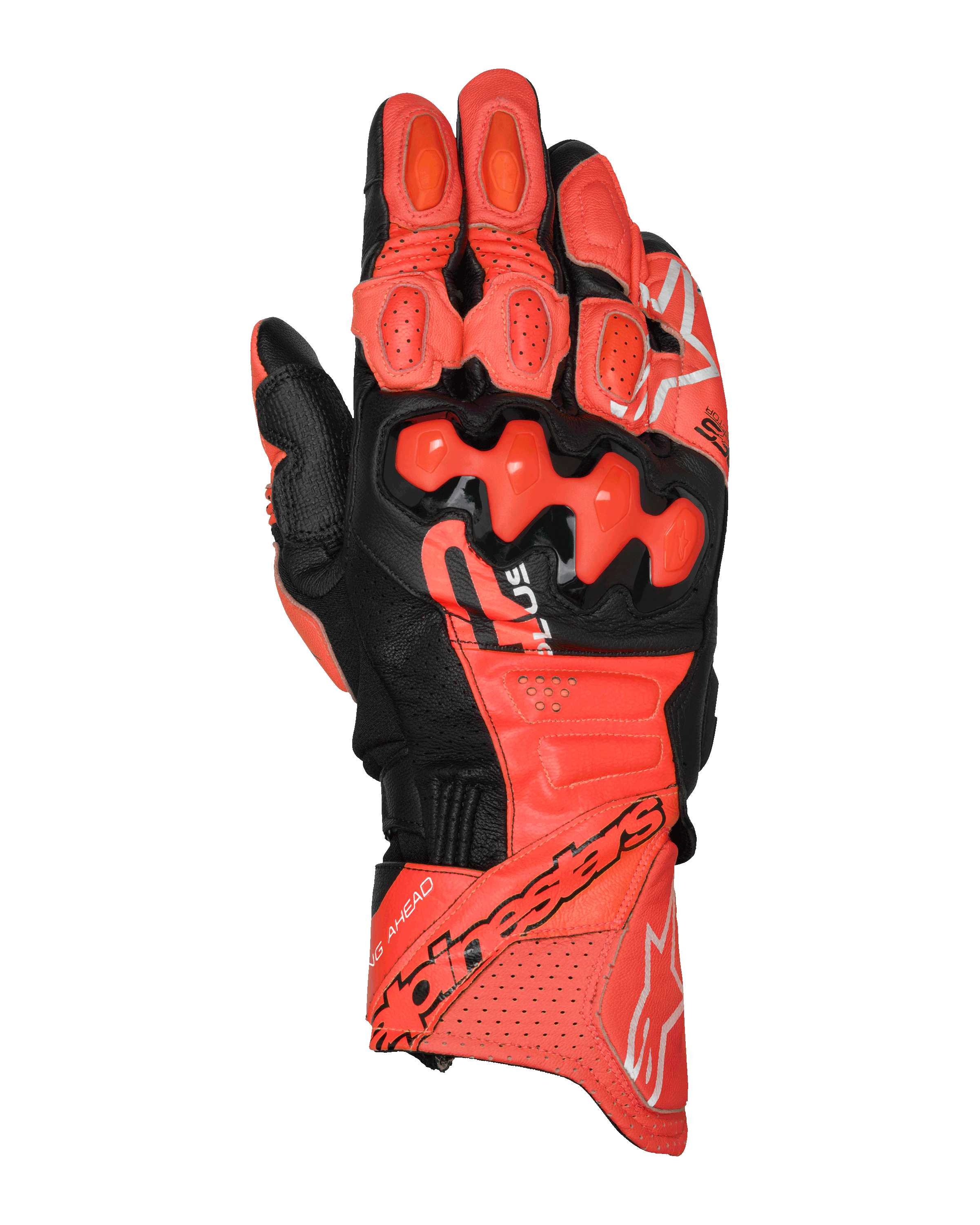 Alpinestars GP Plus R V3 Leather Gloves, guanti racing da moto, rosso brillante, rosso fluo e nero, vista dall'alto che mostra la costruzione in pelle premium con protezioni nocche in TPU a doppia densità, sezioni di ventilazione traforate, slider sulle dita e logo Alpinestars evidente sul polsino.