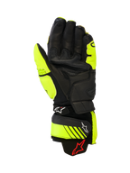 Guanti in pelle Alpinestars GP Plus R V3, guanti da moto racing e sportivi, giallo fluo e nero, vista del palmo che mostra la struttura in pelle, aree di grip rinforzate e cinturini regolabili sul polsino con marchio Alpinestars, equipaggiamento da pista ad alte prestazioni