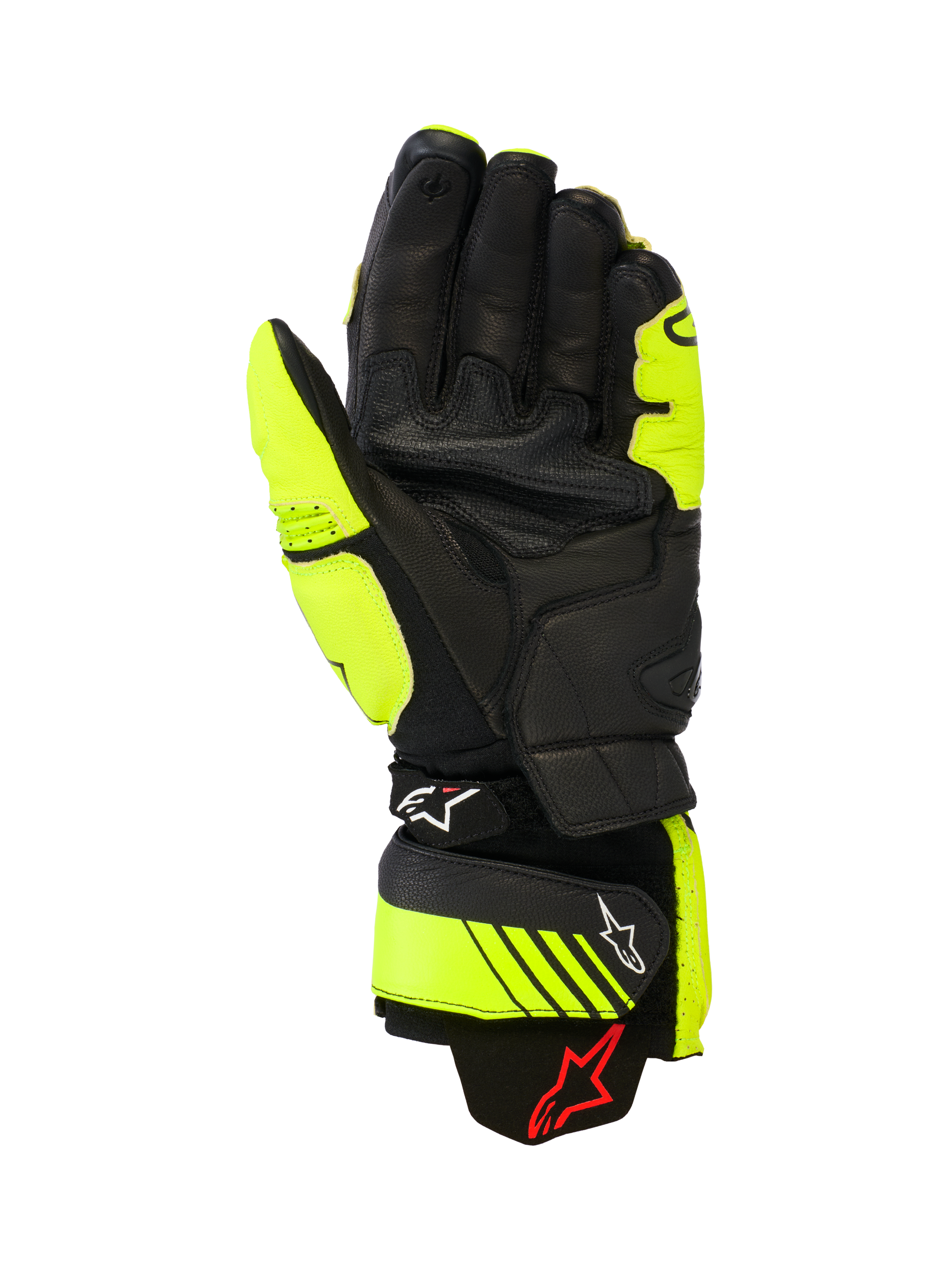 Guanti in pelle Alpinestars GP Plus R V3, guanti da moto racing e sportivi, giallo fluo e nero, vista del palmo che mostra la struttura in pelle, aree di grip rinforzate e cinturini regolabili sul polsino con marchio Alpinestars, equipaggiamento da pista ad alte prestazioni