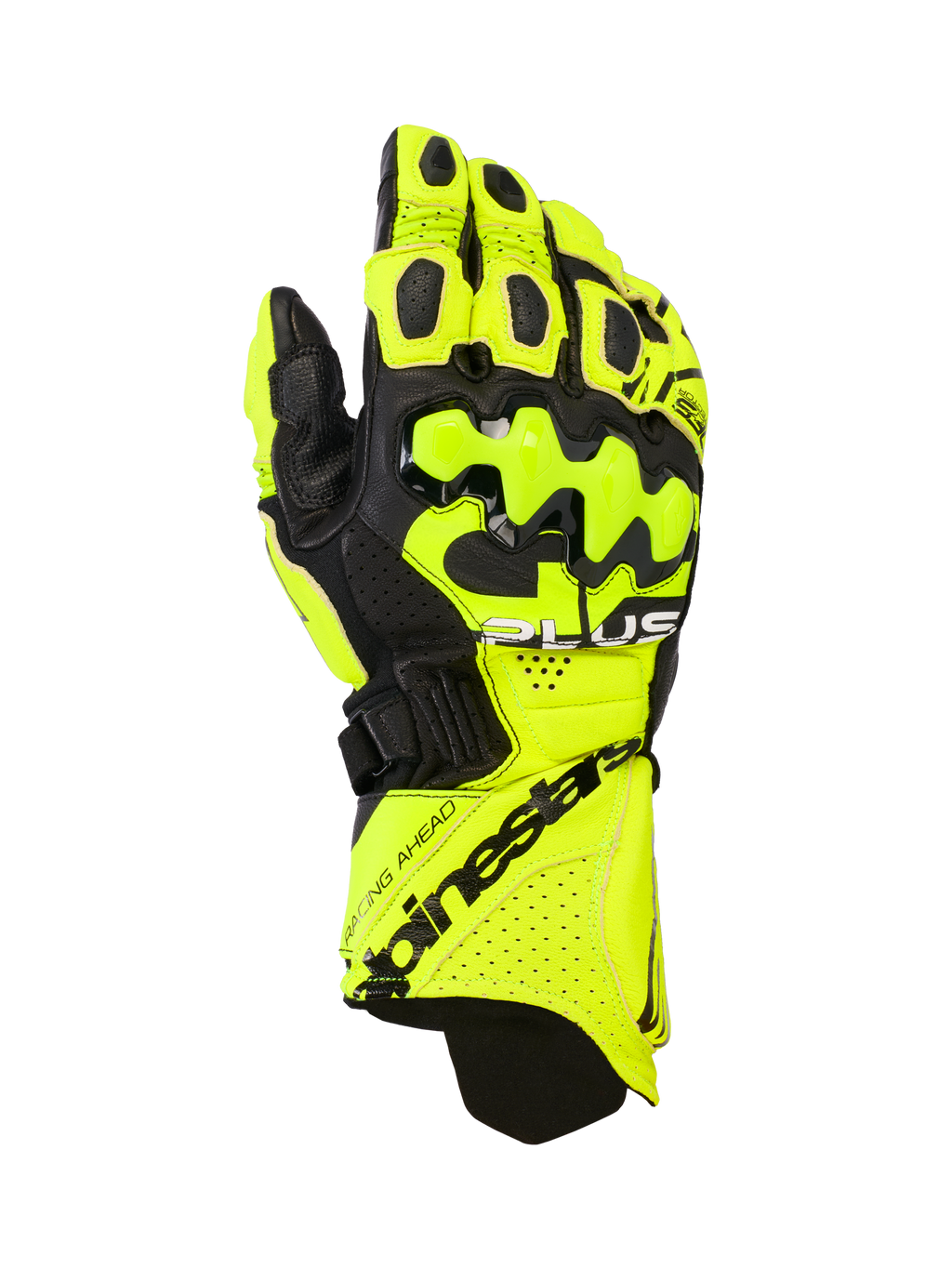 Alpinestars GP Plus R V3 Leather Gloves, guanti da corsa per moto, giallo fluo e nero, dotati di protezioni rigide per le nocche, zone di ventilazione traforate e chiusura sicura del polsino con logo evidente.