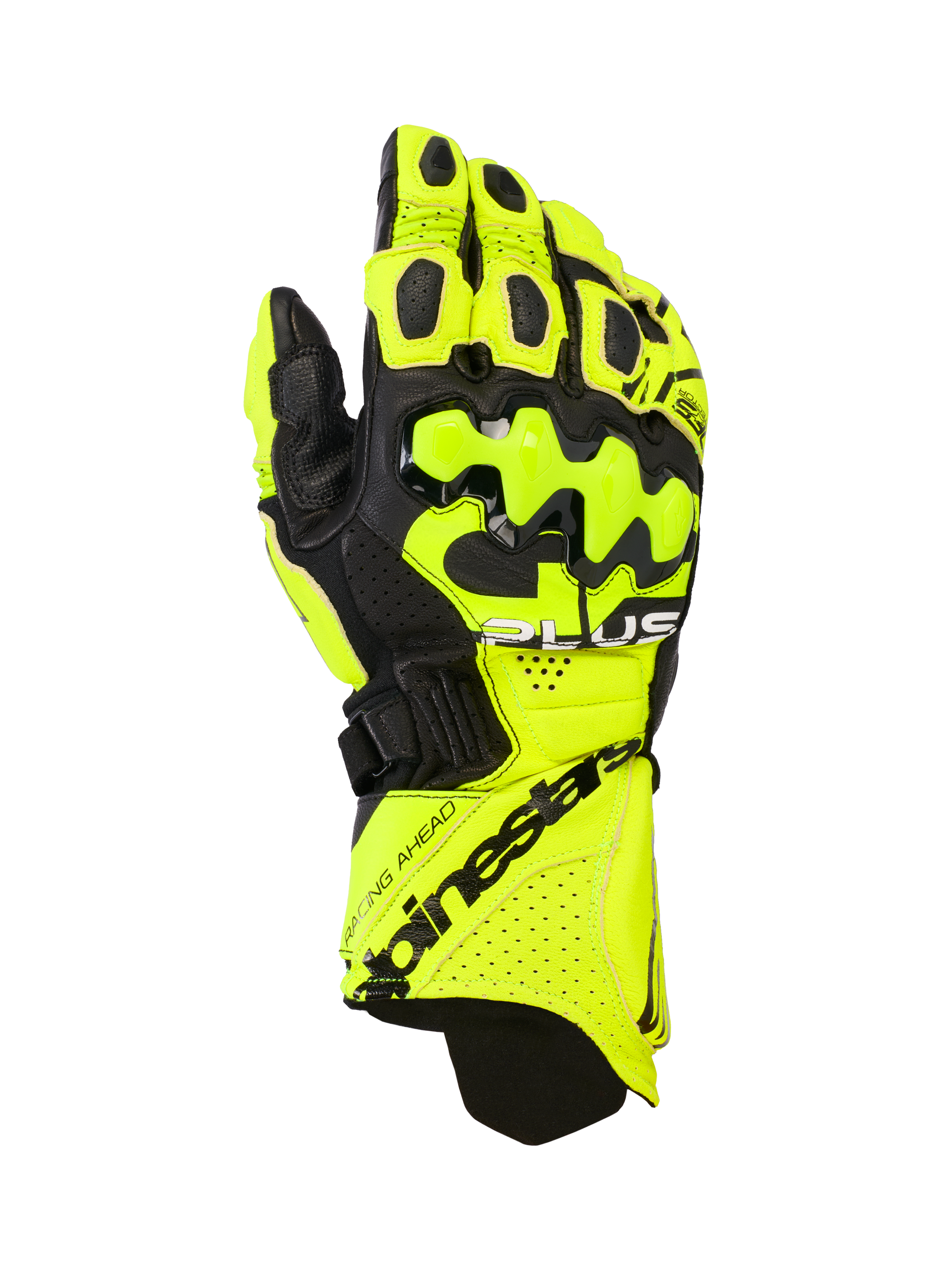 Alpinestars GP Plus R V3 Leather Gloves, guanti da corsa per moto, giallo fluo e nero, dotati di protezioni rigide per le nocche, zone di ventilazione traforate e chiusura sicura del polsino con logo evidente.