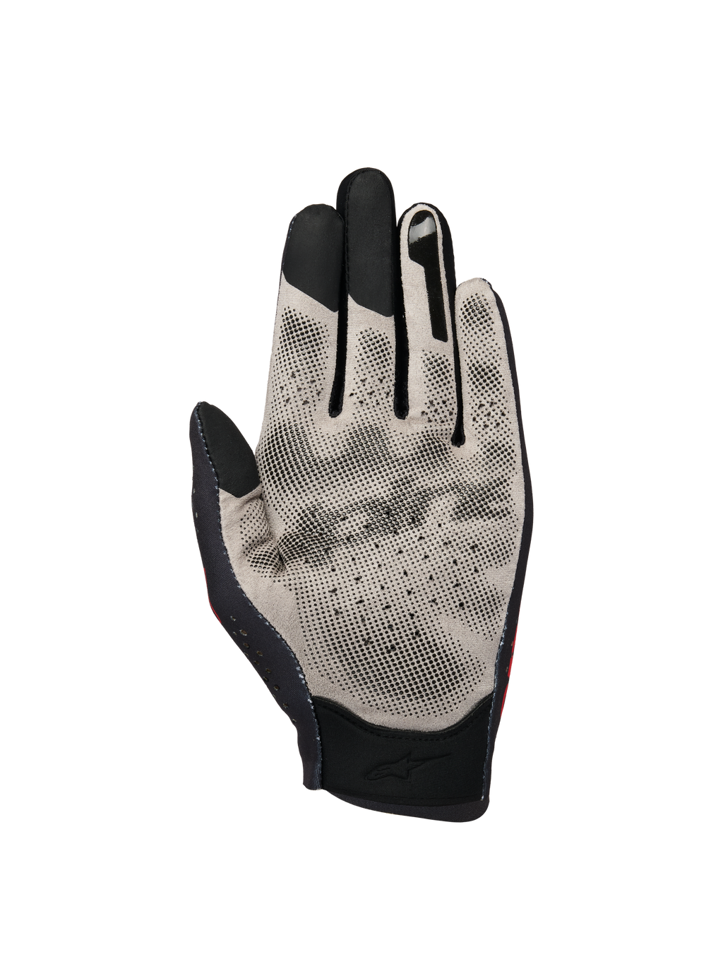 Alpinestars Sim Gloves Graphic 1, guanti da SIM racing, vista del palmo in grigio chiaro e nero, con tessuto Nanofront dal motivo grip 3D, punte delle dita compatibili con touchscreen e design traforato traspirante