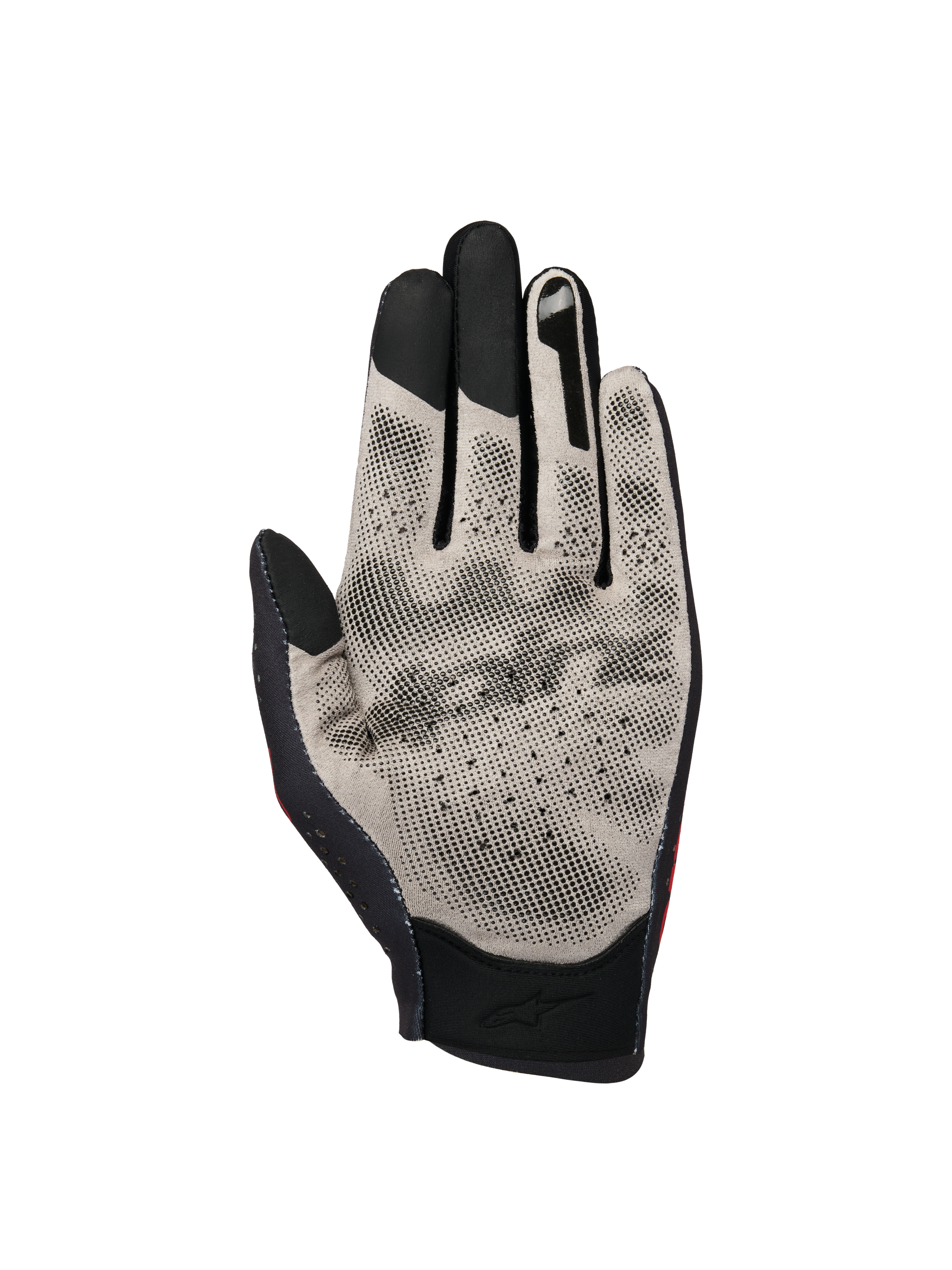Alpinestars Sim Gloves Graphic 1, guanti da SIM racing, vista del palmo in grigio chiaro e nero, con tessuto Nanofront dal motivo grip 3D, punte delle dita compatibili con touchscreen e design traforato traspirante