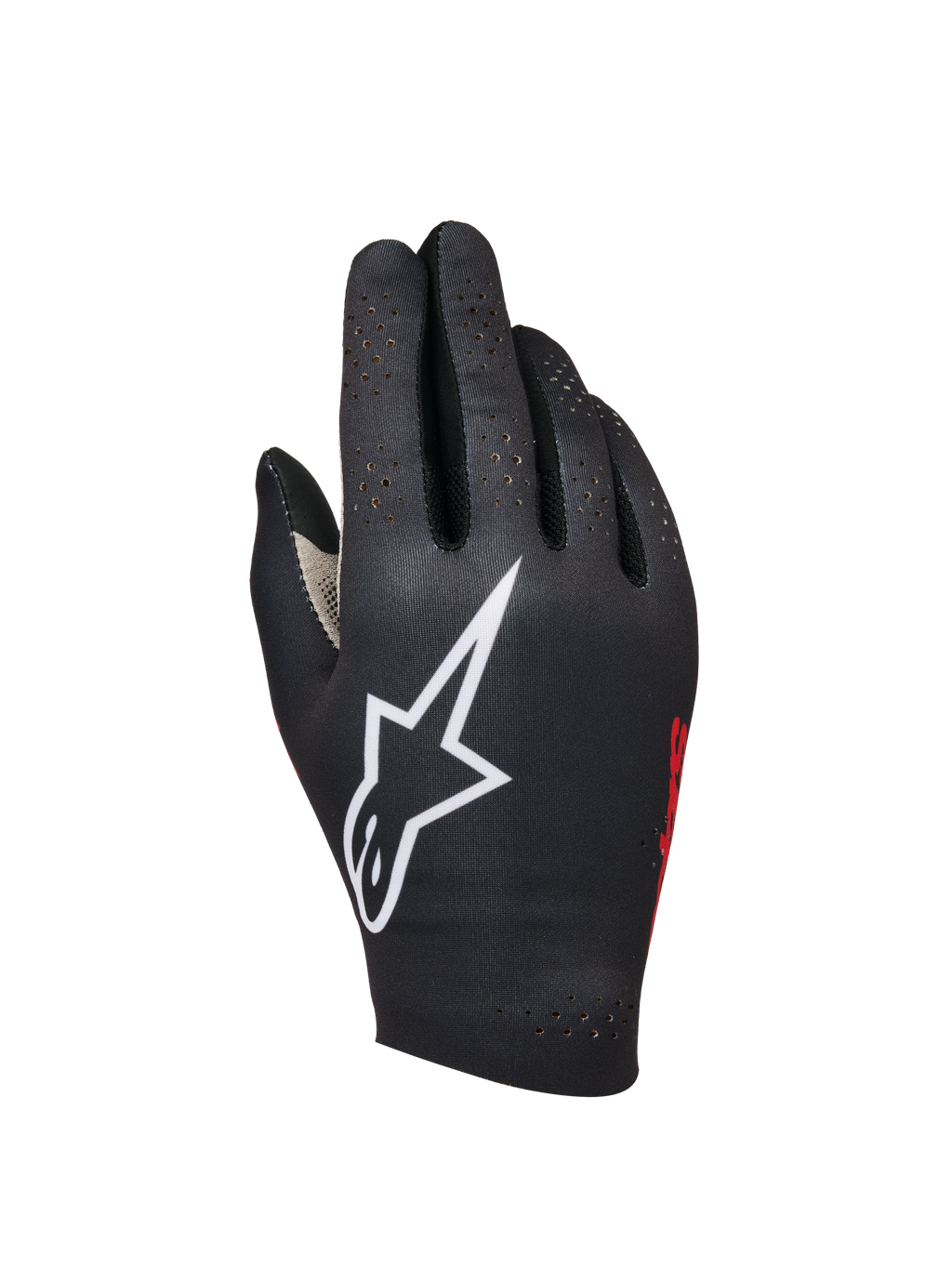 Alpinestars Sim Gloves Graphic 1, guanti da Sim Racing, neri con grande logo a stella bianco, marchio laterale rosso, design traforato per la ventilazione, tessuto elasticizzato leggero