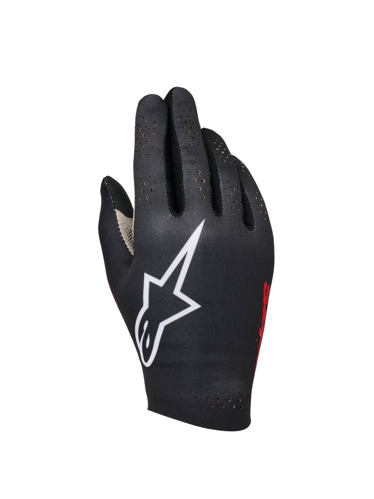 Alpinestars Sim Gloves Graphic 1, guanti da Sim Racing, neri con grande logo a stella bianco, marchio laterale rosso, design traforato per la ventilazione, tessuto elasticizzato leggero