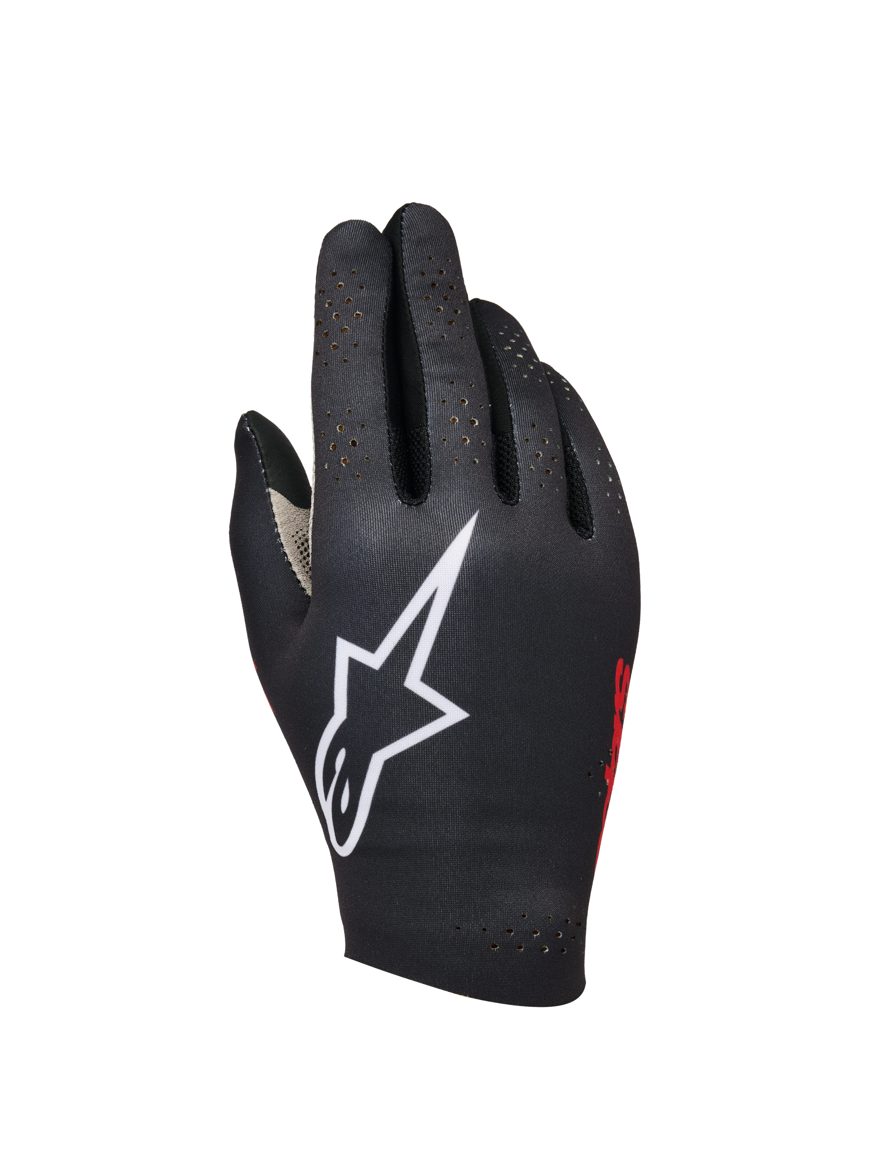 Alpinestars Sim Gloves Graphic 1, guanti da Sim Racing, neri con grande logo a stella bianco, marchio laterale rosso, design traforato per la ventilazione, tessuto elasticizzato leggero