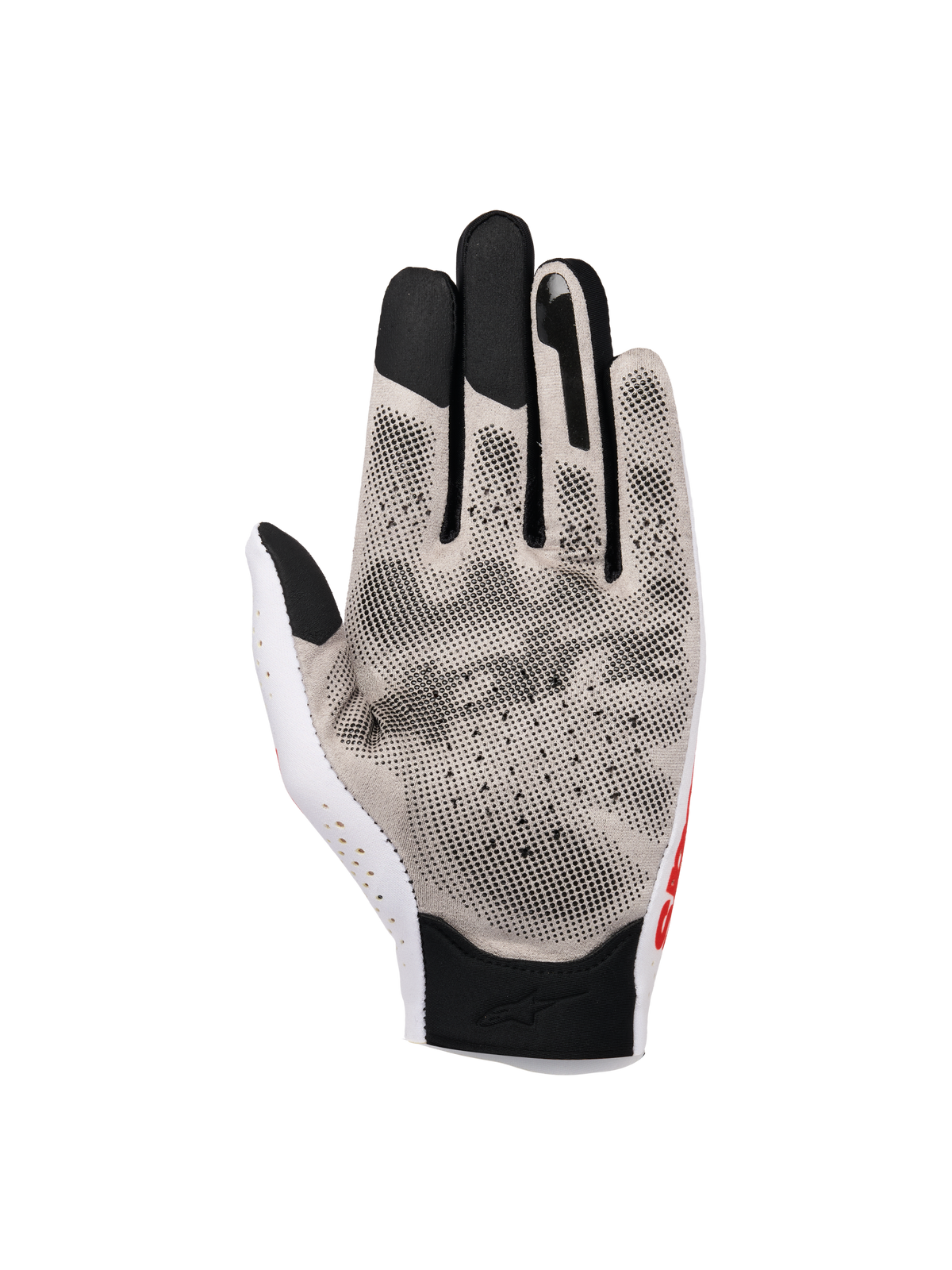 Alpinestars Sim Gloves Graphic 1, guanti da SIM racing, Silver Ice Black e Red Tangerine, vista del palmo con stampa grip 3D e tessuto Nanofront®, sezione del pollice traforata e punte delle dita nere compatibili con touchscreen per prestazioni nelle corse virtuali.