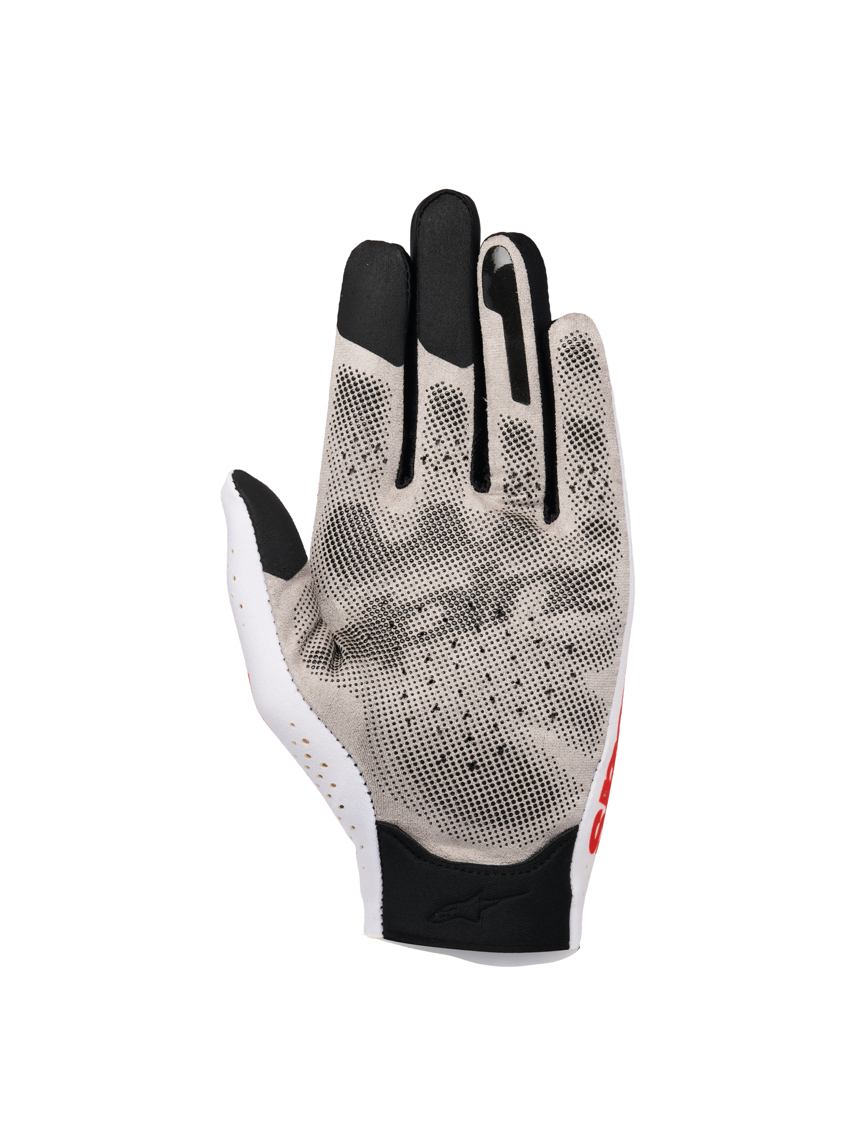 Alpinestars Sim Gloves Graphic 1, guanti da SIM racing, Silver Ice Black e Red Tangerine, vista del palmo con stampa grip 3D e tessuto Nanofront®, sezione del pollice traforata e punte delle dita nere compatibili con touchscreen per prestazioni nelle corse virtuali.