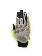 Alpinestars Sim Gloves Graphic 1, guanti da SIM racing, giallo fluo, nero e turchese, vista del palmo con materiale Nanofront® grigio e motivo grip 3D nero, punte delle dita compatibili con touchscreen, costruzione in tessuto leggero